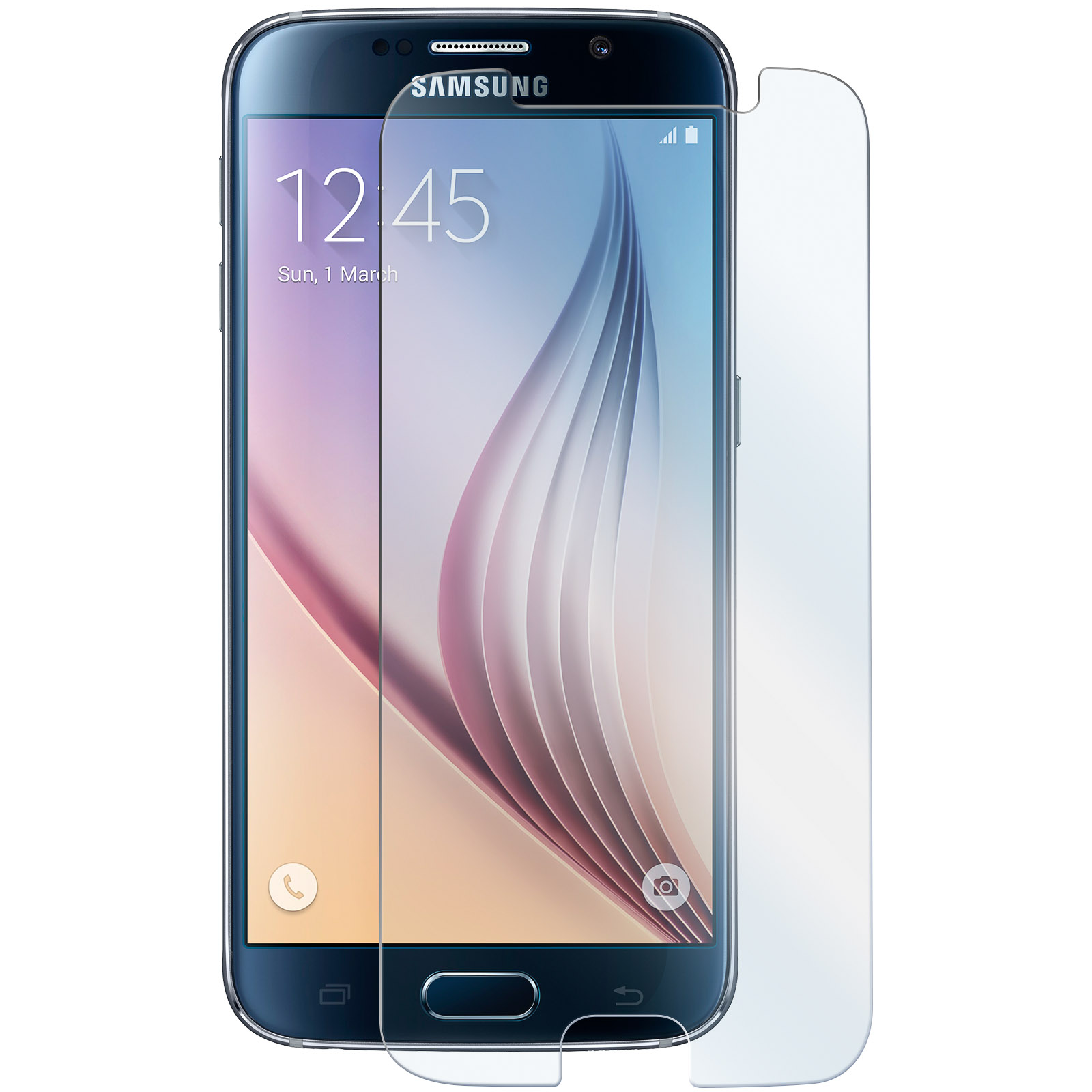 Smartphone nero e blu con protezione schermo. Display mostra ora e sfondo.