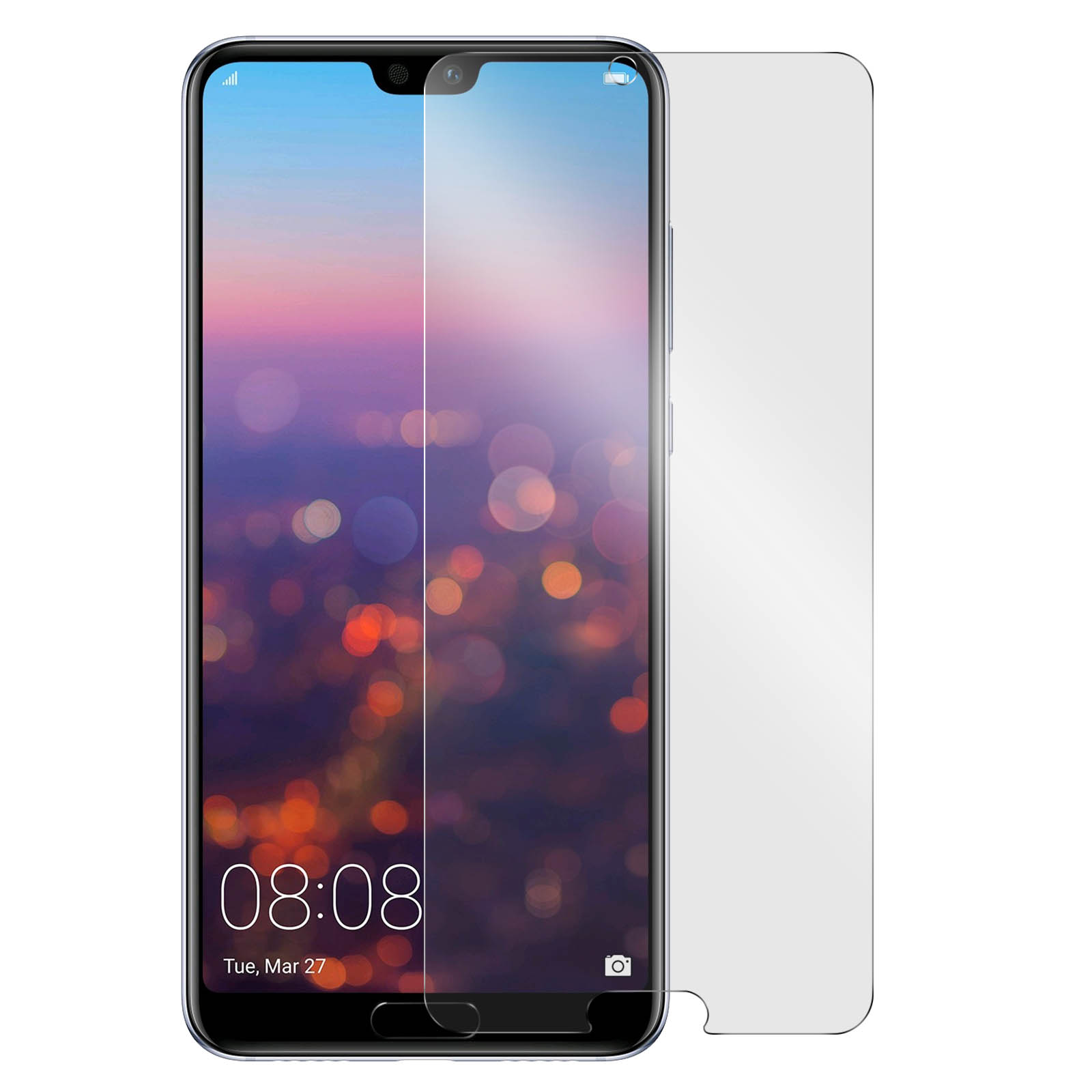 Un telefono con una protezione per lo schermo. Lo schermo mostra l'ora e la data. La protezione è sullo schermo.