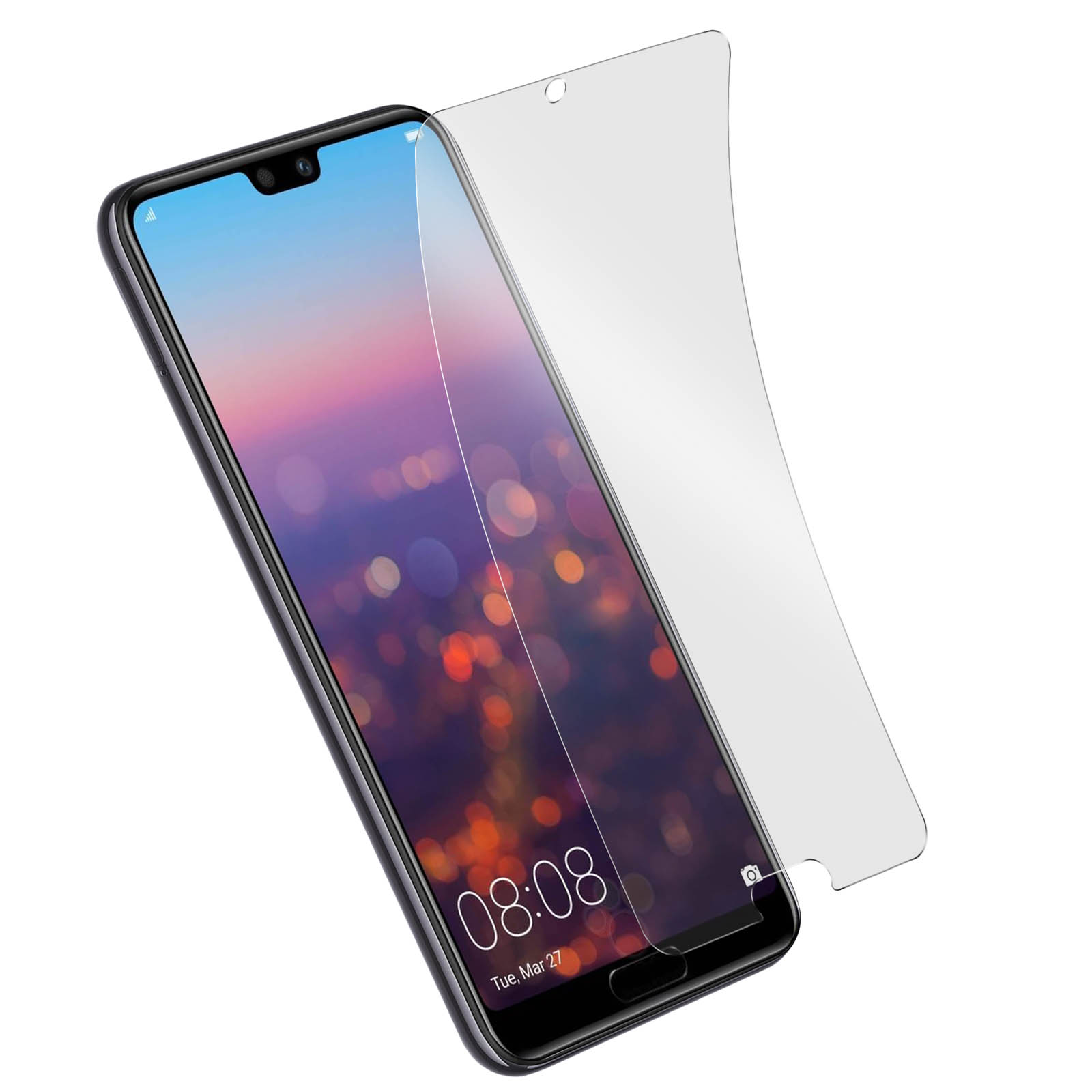 Smartphone con protezione schermo, mostra ora e data. La protezione è trasparente.