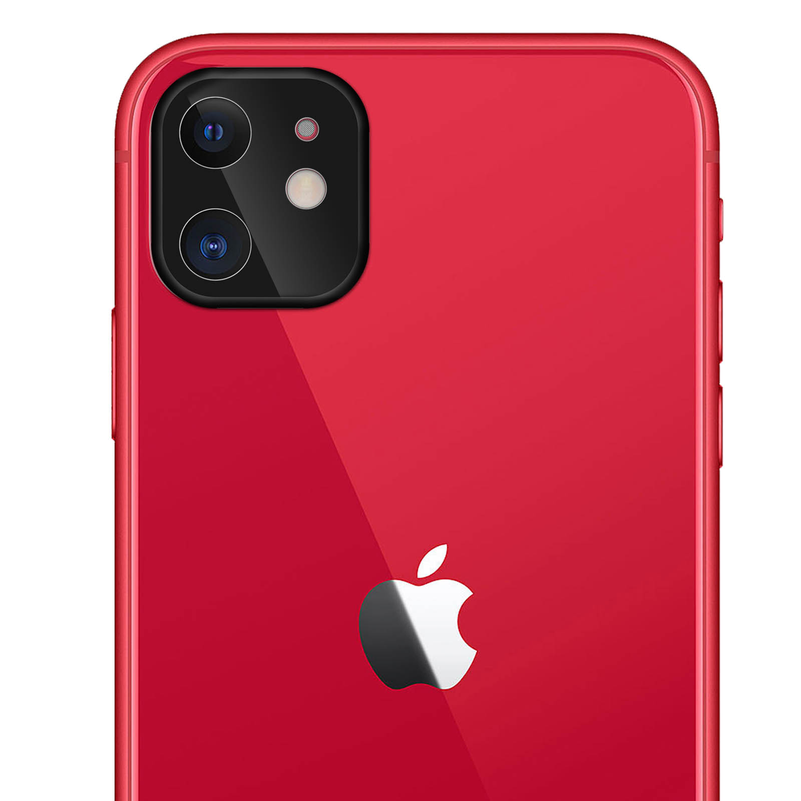 Primo piano della parte posteriore di un iPhone rosso, con logo Apple e doppia fotocamera con flash. Superficie riflettente.