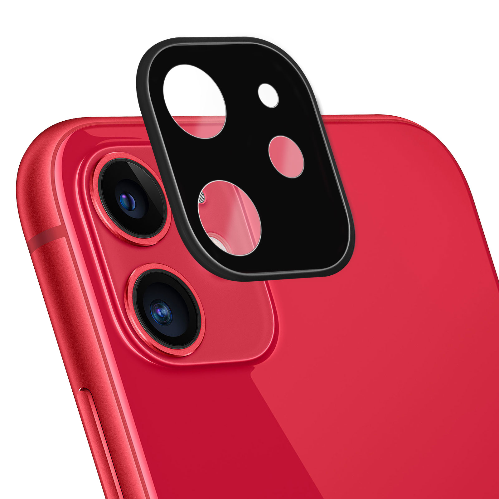 iPhone rosso con protezione lente fotocamera nera. Tre lenti visibili. La protezione ha cerchi bianchi e rosa.