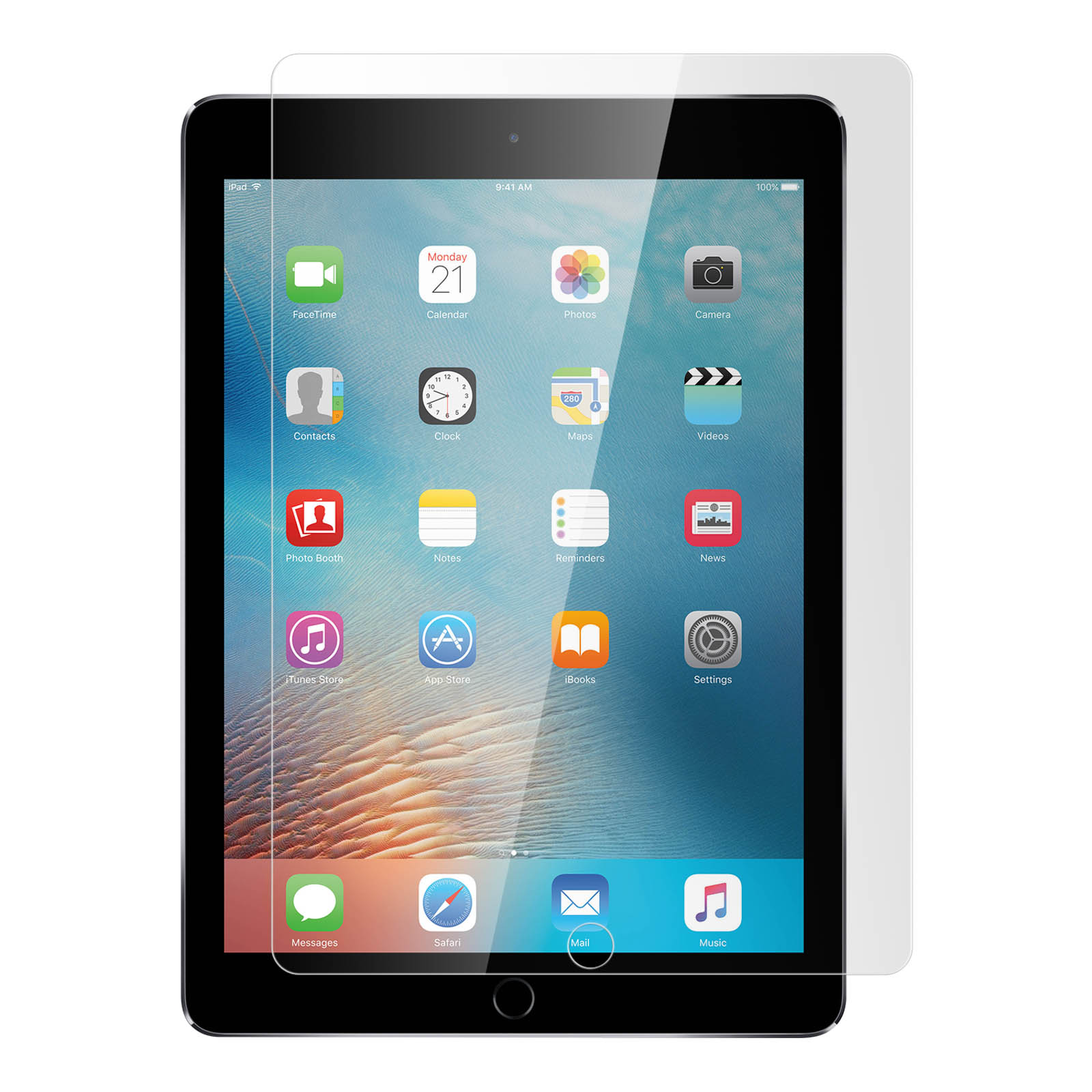 iPad con proteggi schermo. L'iPad mostra la schermata iniziale con le app. Sfondo bianco.