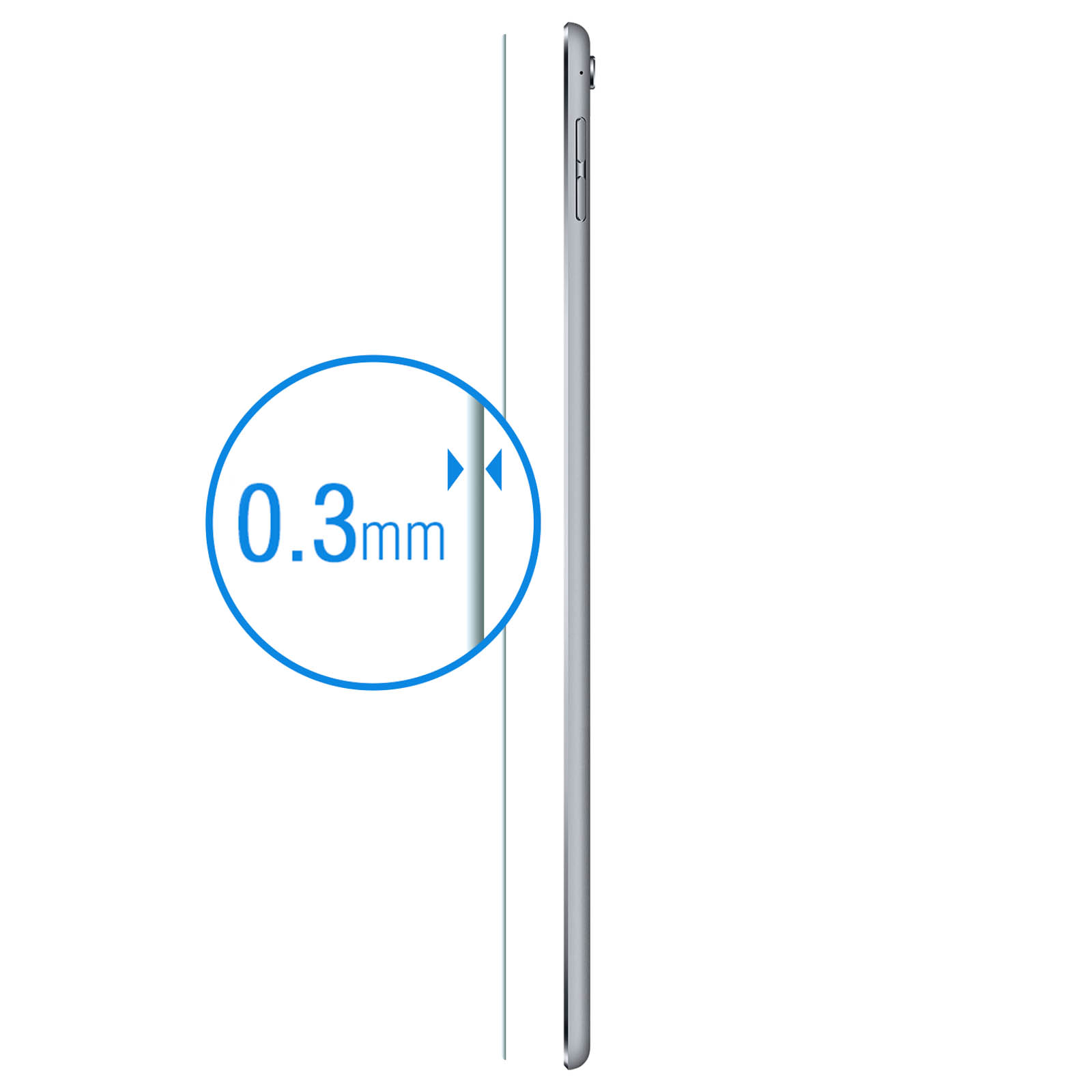Un tablet visto di lato, con un cerchio che indica uno spessore di 0,3 mm.