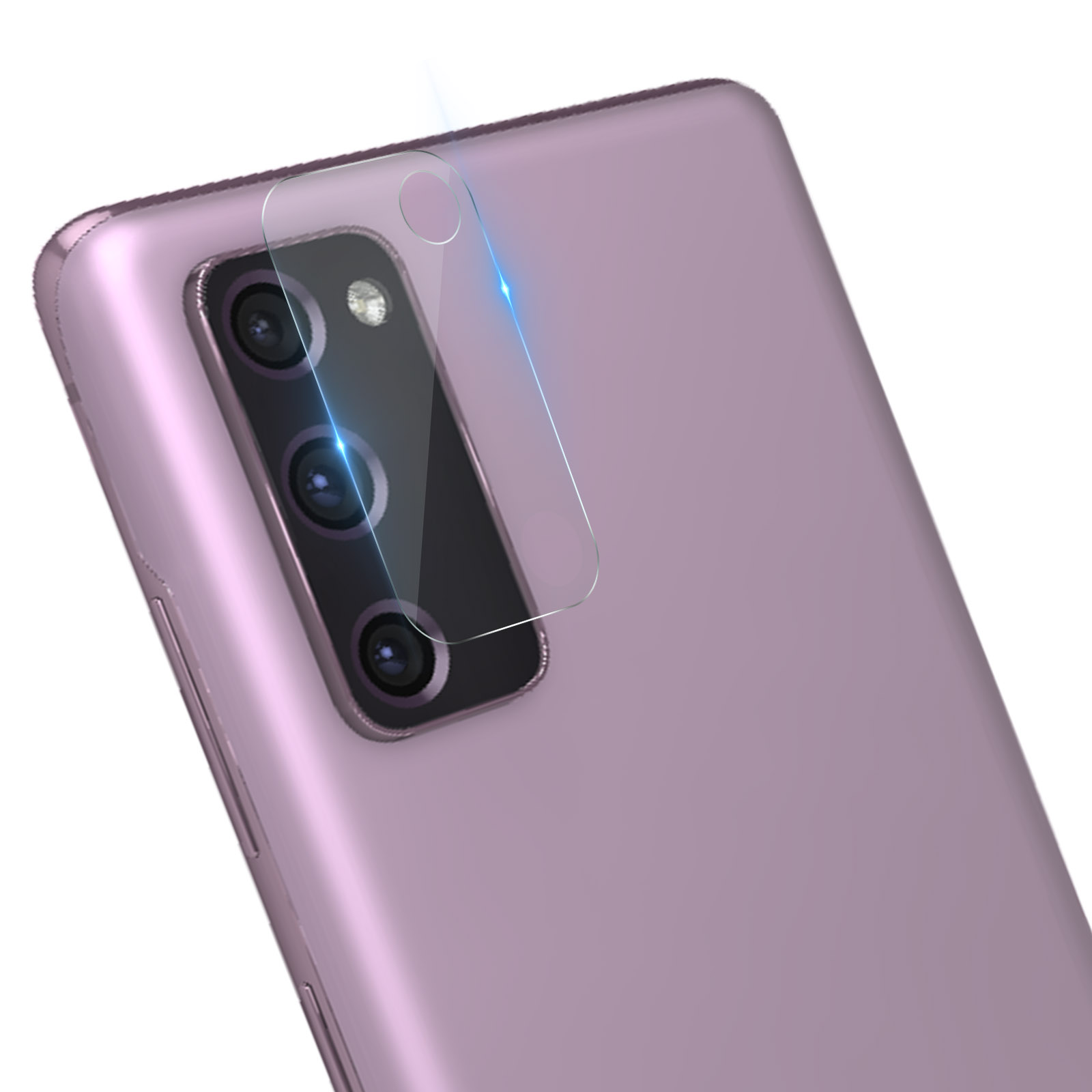Téléphone violet avec protecteur d'objectif de caméra.
