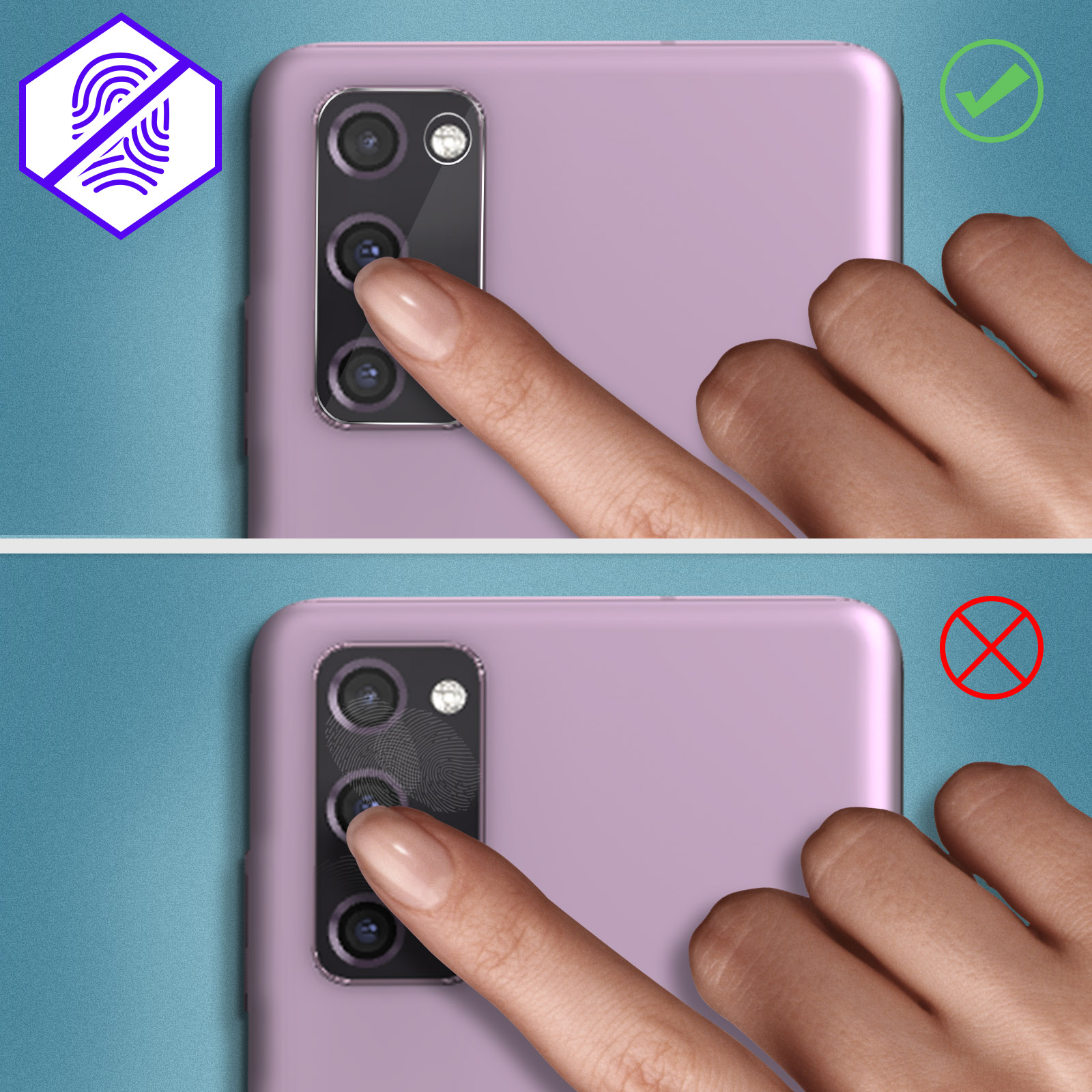 Téléphone avec signe de rejet d'empreinte digitale. Doigt touchant l'écran. Téléphone violet.