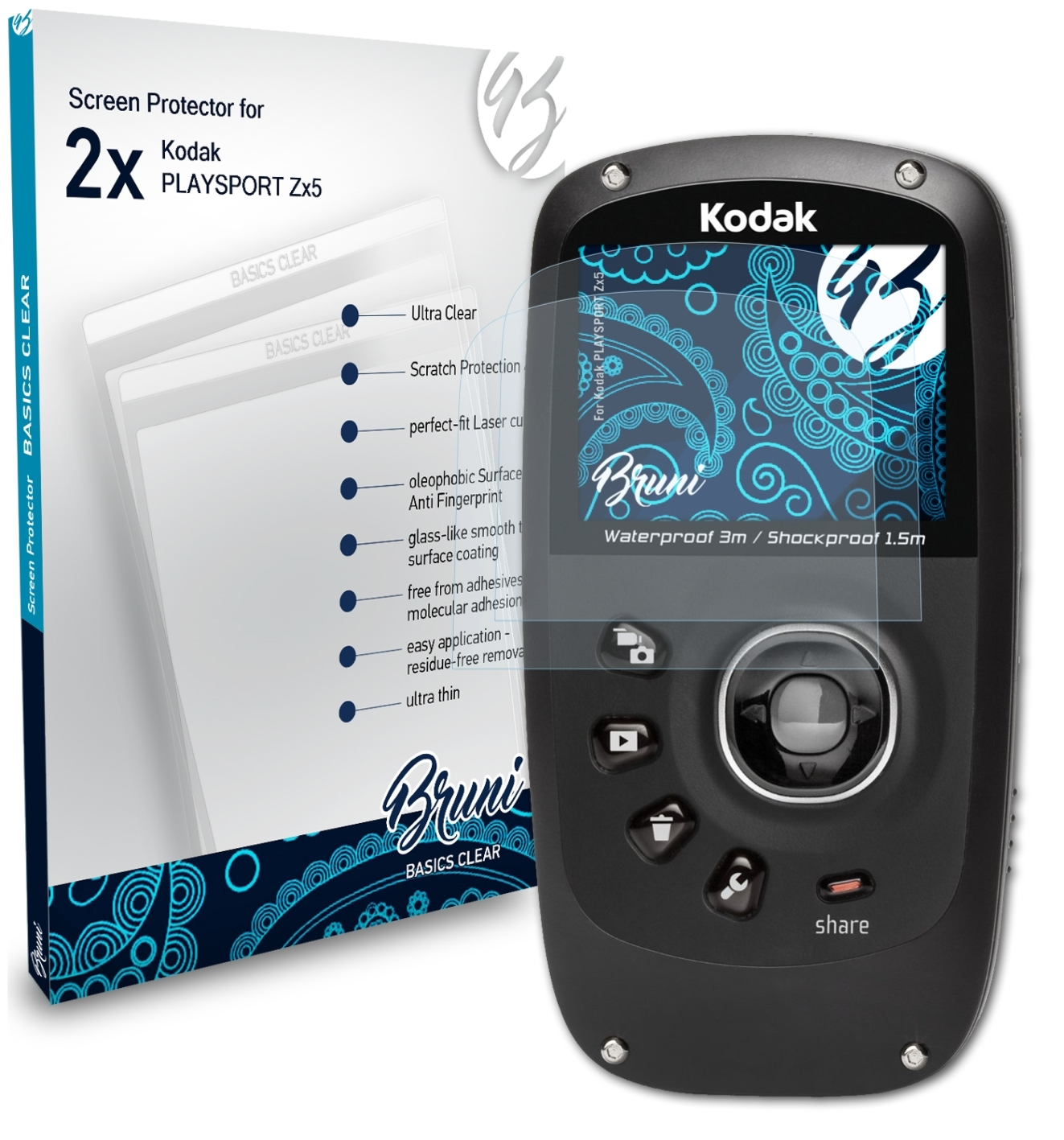 BRUNI 2x Zx5) Kodak PLAYSPORT Basics-Clear Schutzfolie(für