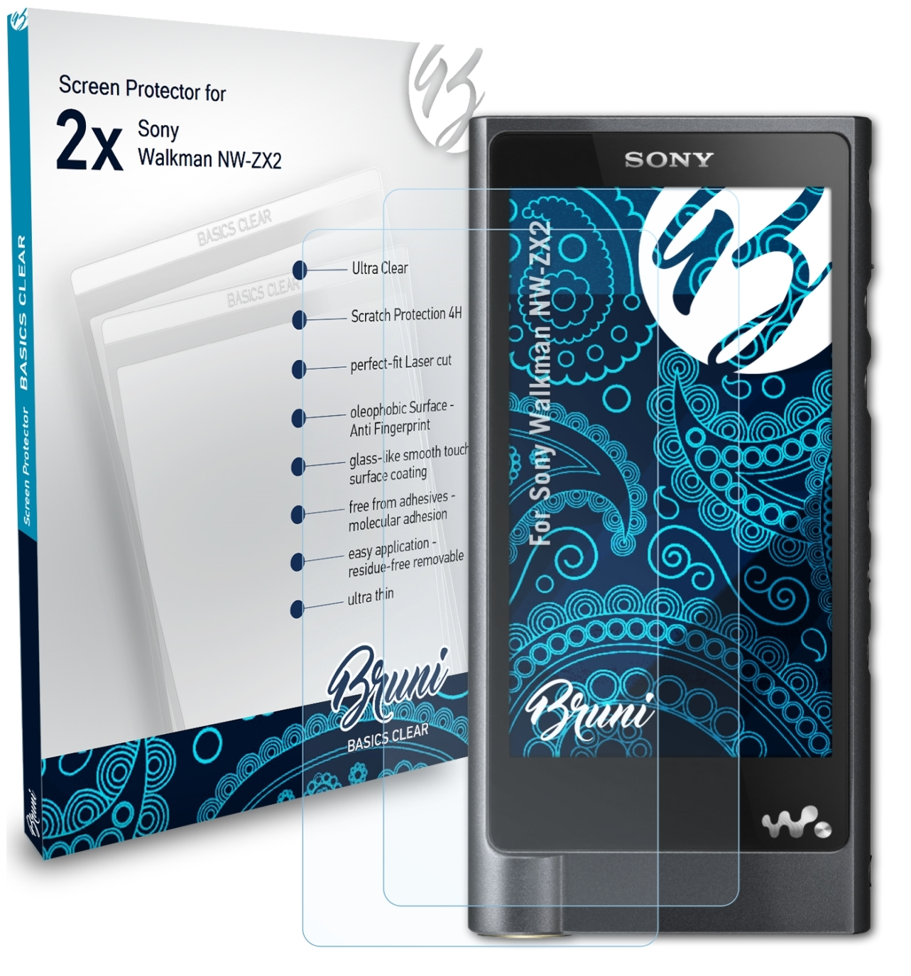 BRUNI 2x Schutzfolie(für Sony Basics-Clear Walkman NW-ZX2)