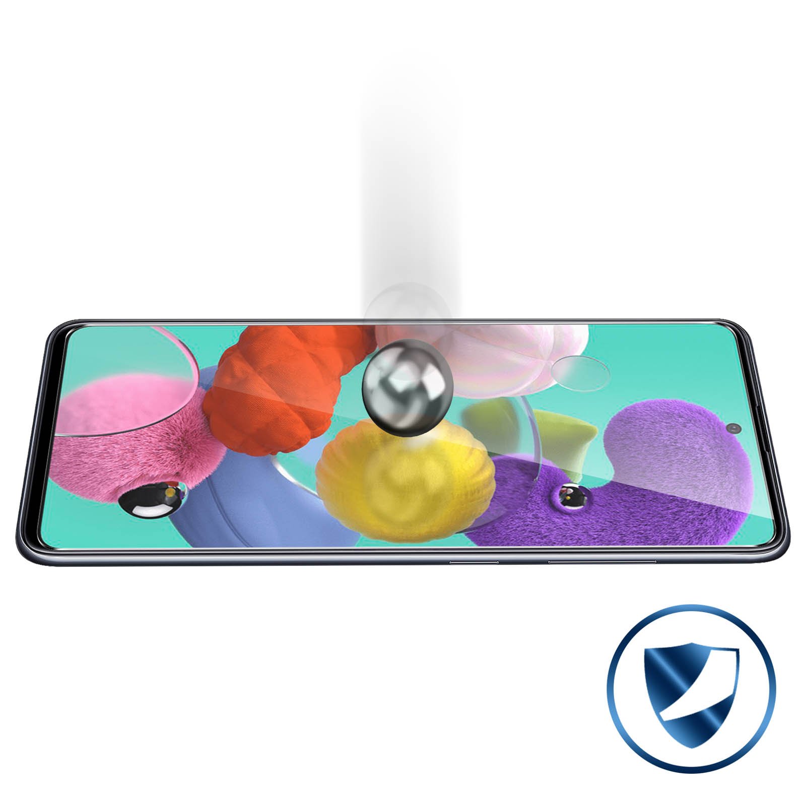 Un écran de téléphone testé avec des objets colorés, une boule d'argent sur le point d'impacter. Icône de bouclier.