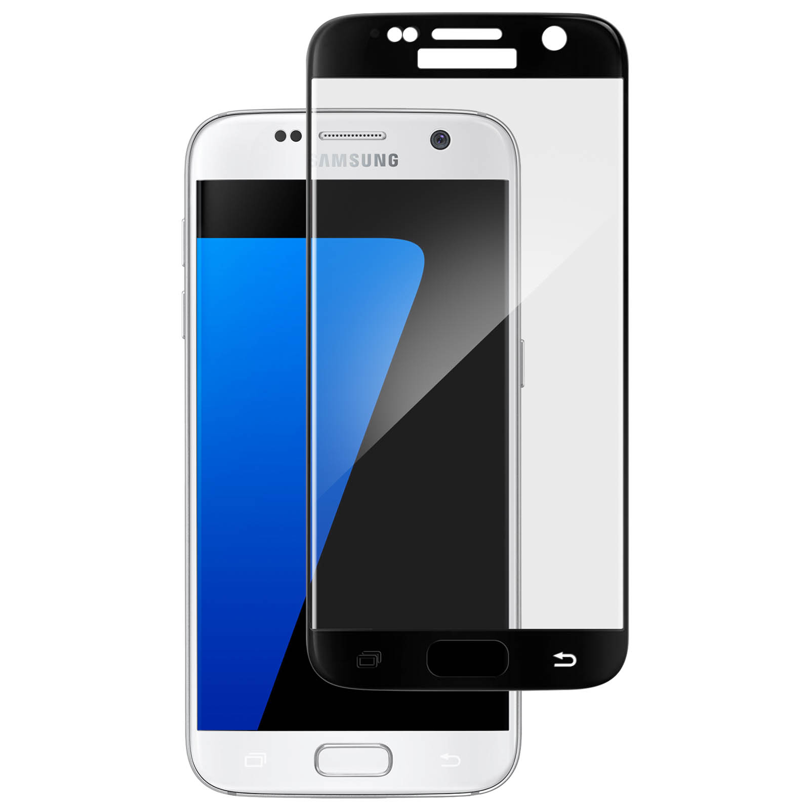 Telefono bianco con protezione schermo. Schermo nero. Sfondo bianco.