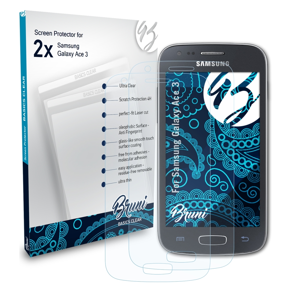 Galaxy Basics-Clear BRUNI Ace 3) Schutzfolie(für 2x Samsung
