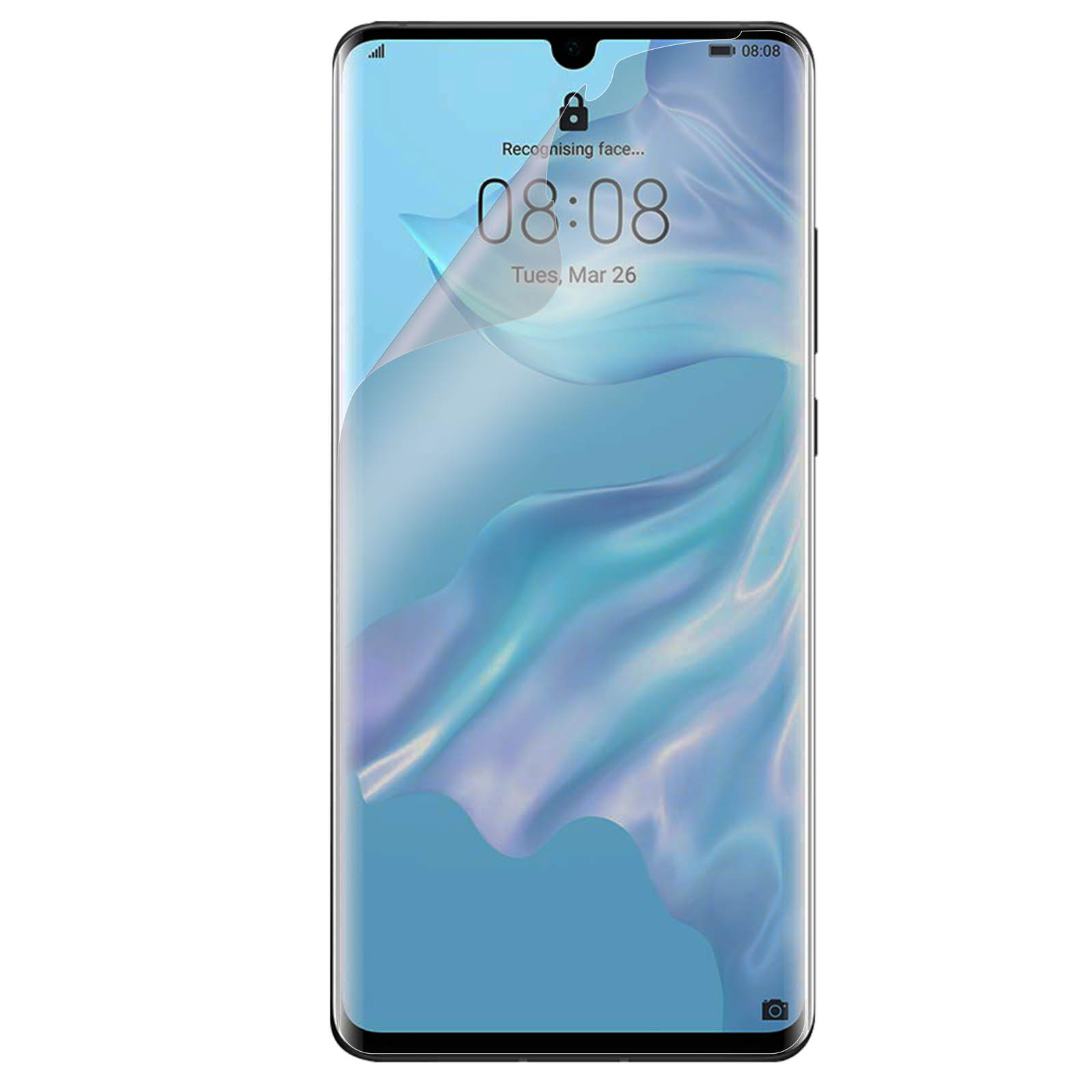 Smartphone che mostra ora, riconoscimento facciale e un'icona di blocco.