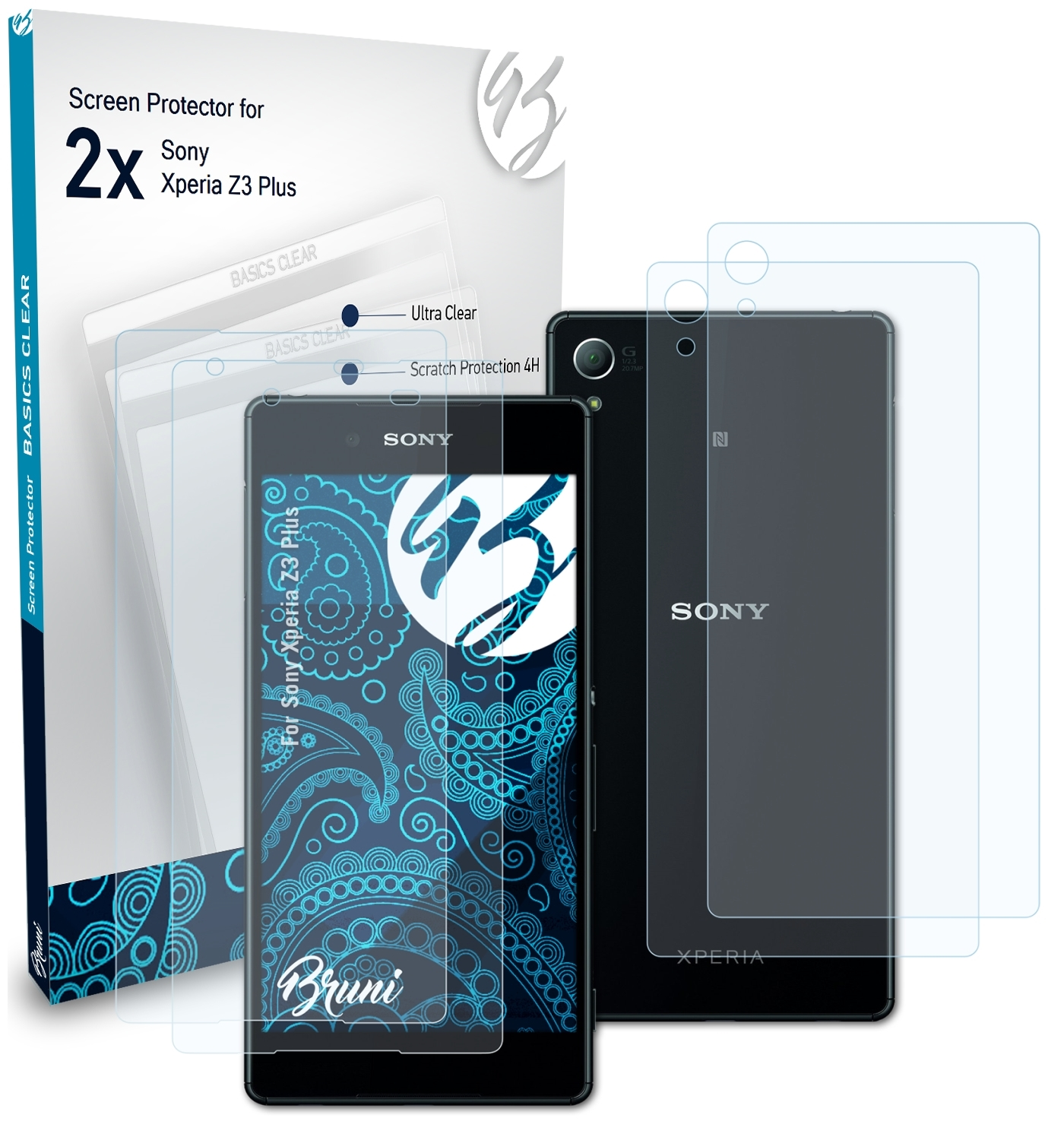 BRUNI Plus) 2x Basics-Clear Xperia Schutzfolie(für Z3 Sony