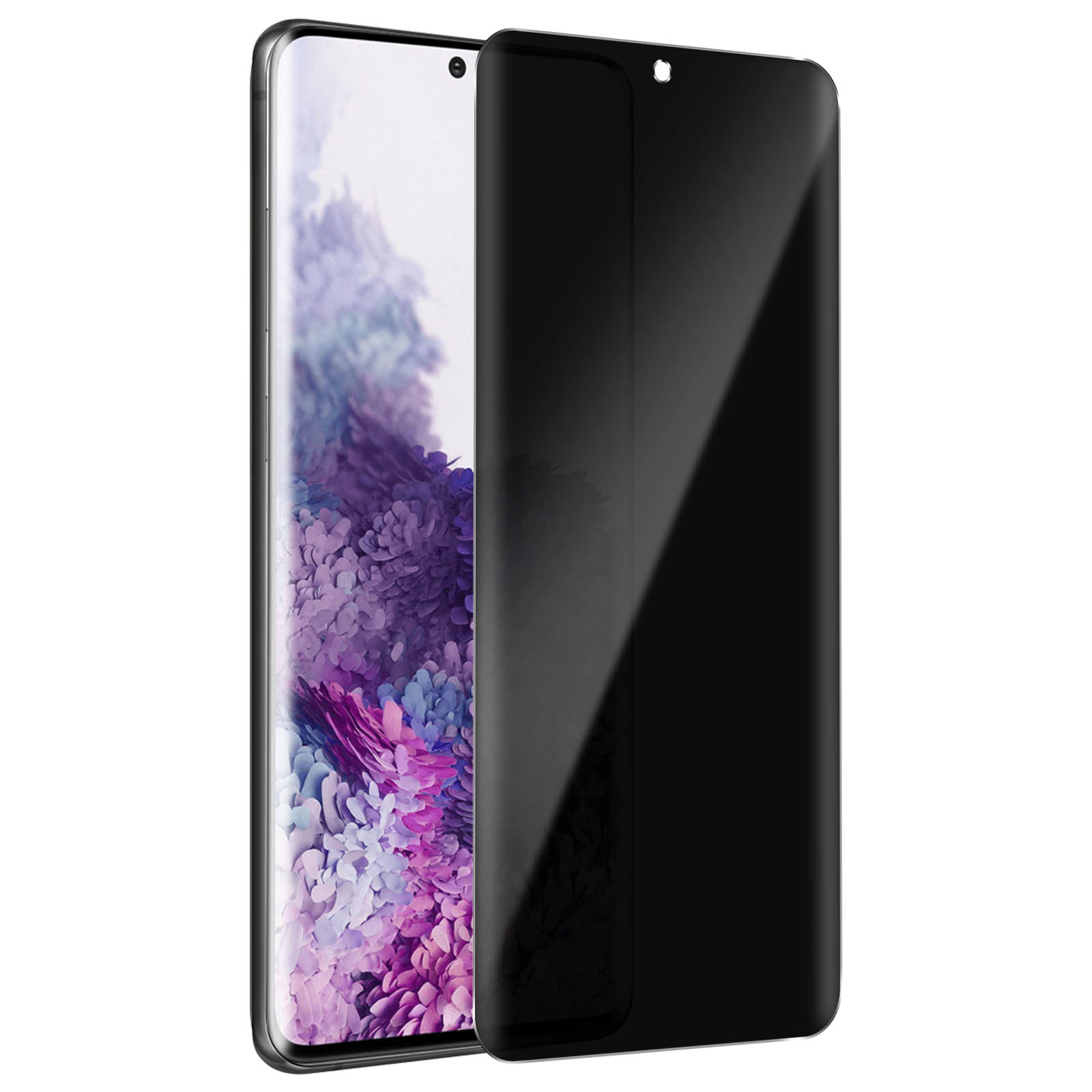 Uno smartphone con una protezione schermo nera. Il telefono mostra uno sfondo floreale. La protezione è scura e riflettente.