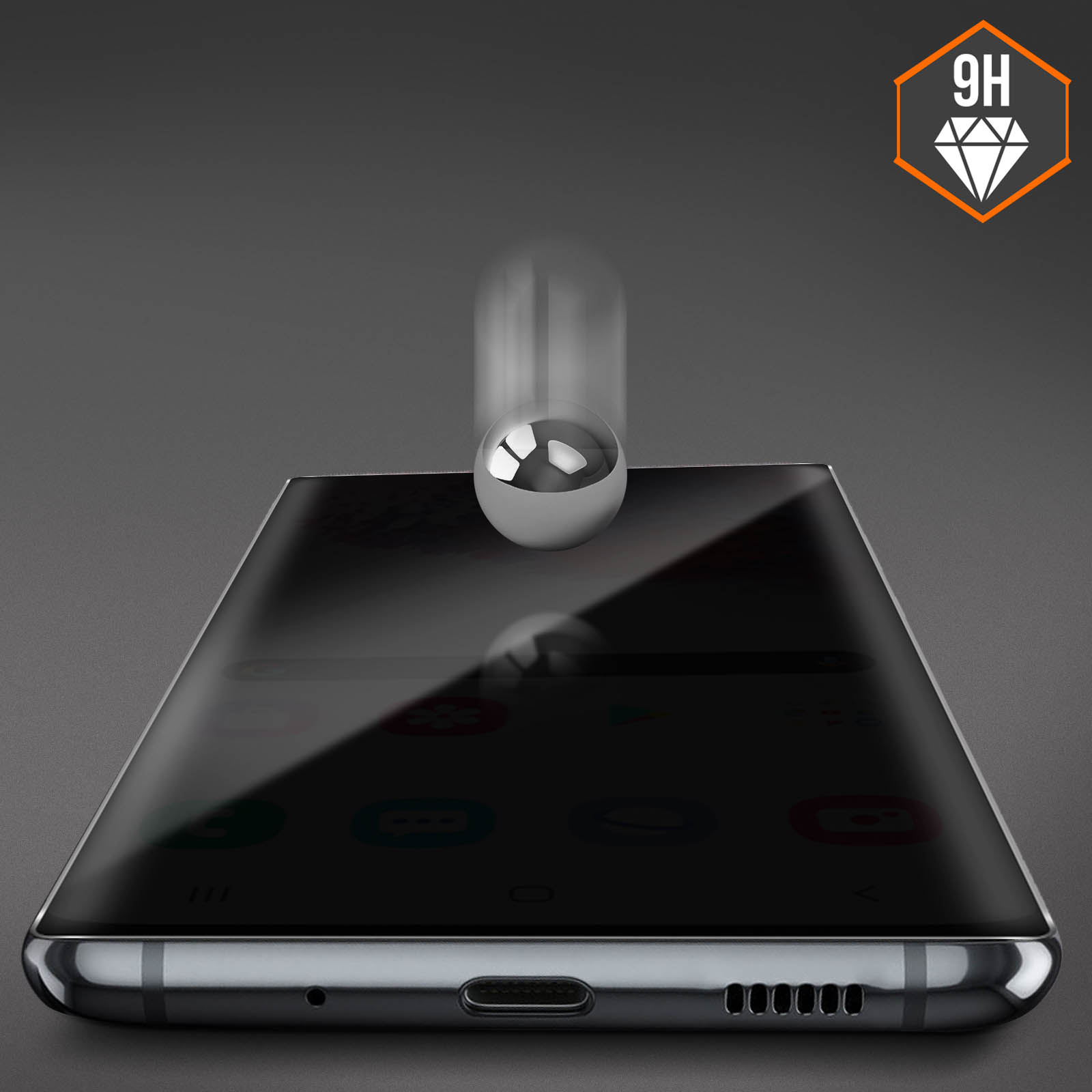 Una sfera d'argento che cade sullo schermo di uno smartphone, con un'icona a diamante 9H arancione e bianca nell'angolo.