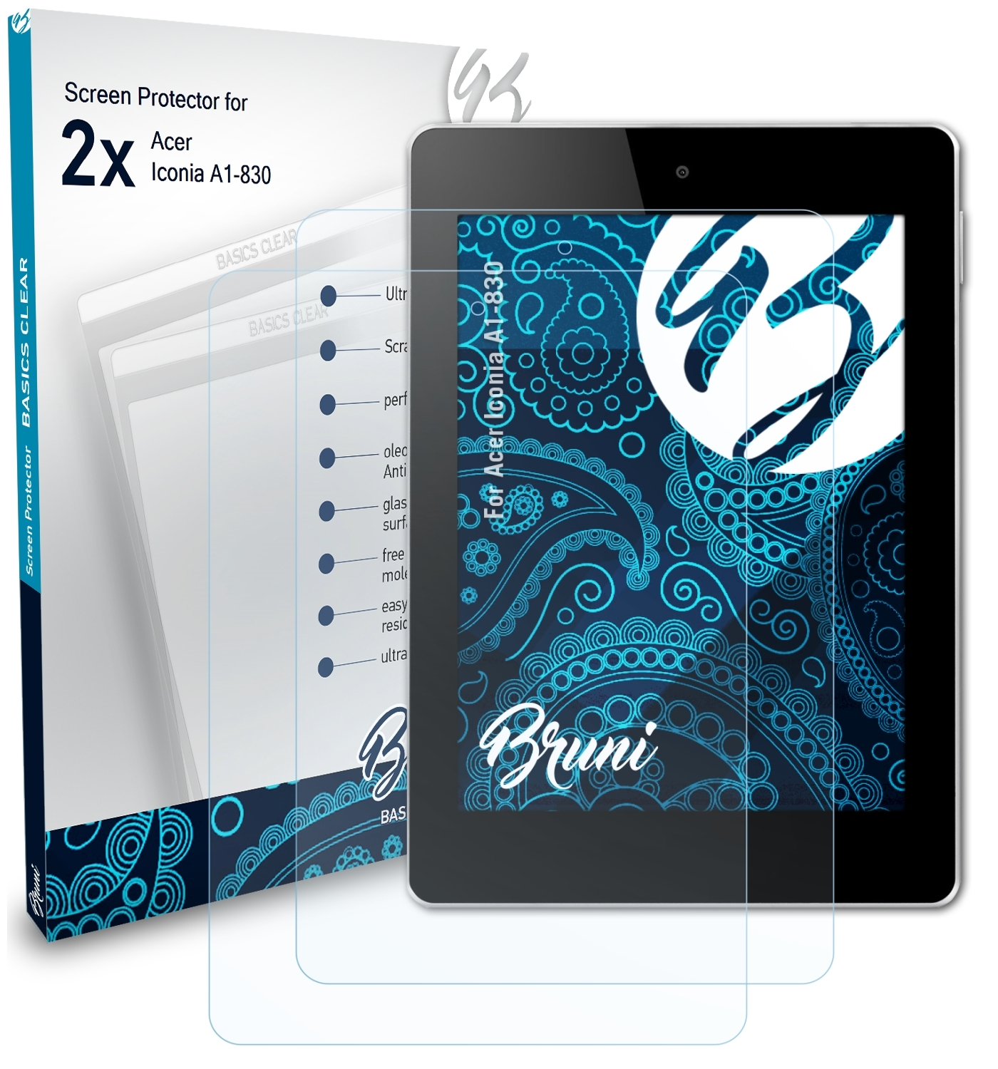 BRUNI 2x Basics-Clear Schutzfolie(für A1-830) Iconia Acer