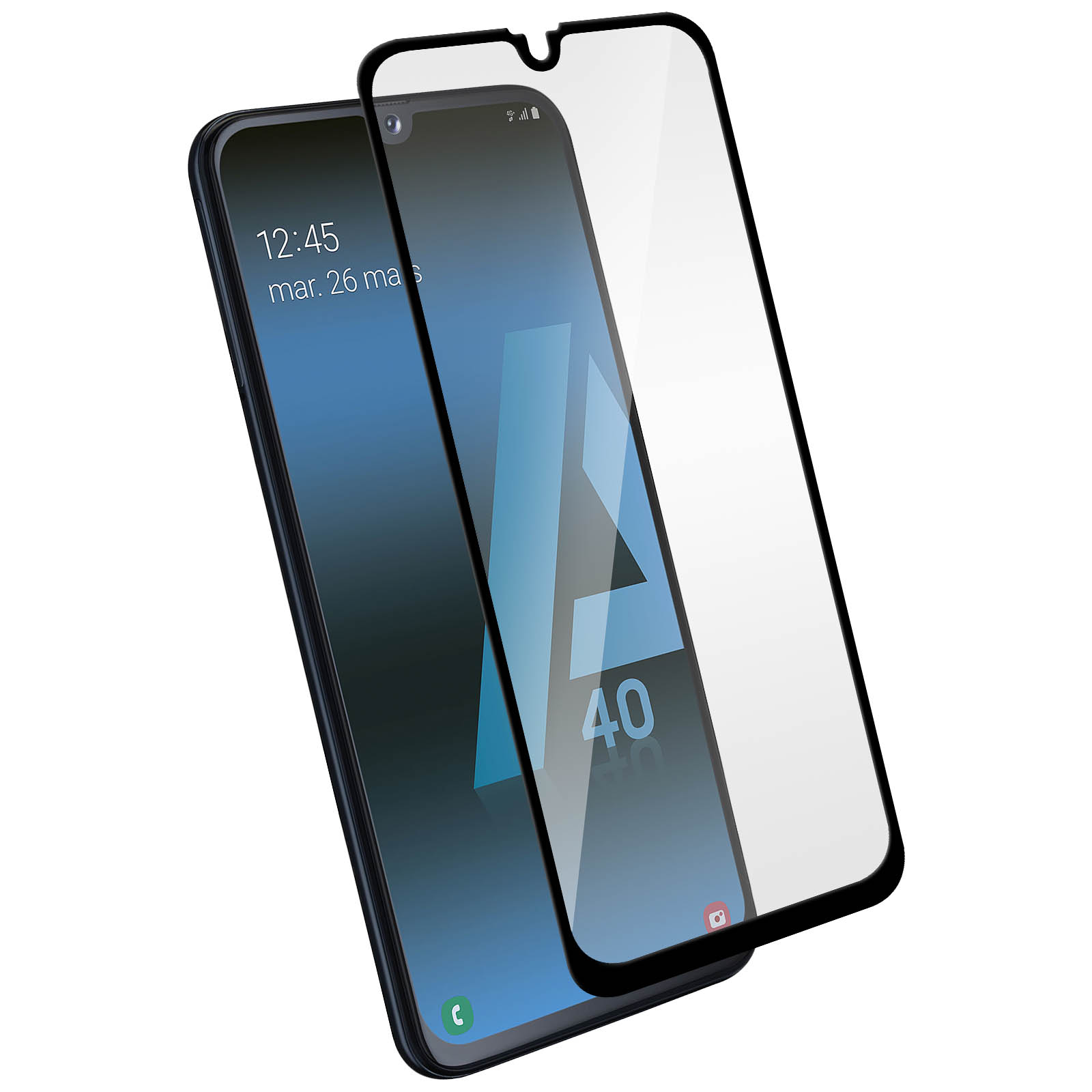 Telefono nero con protezione schermo. Schermo blu visibile. La protezione copre schermo.