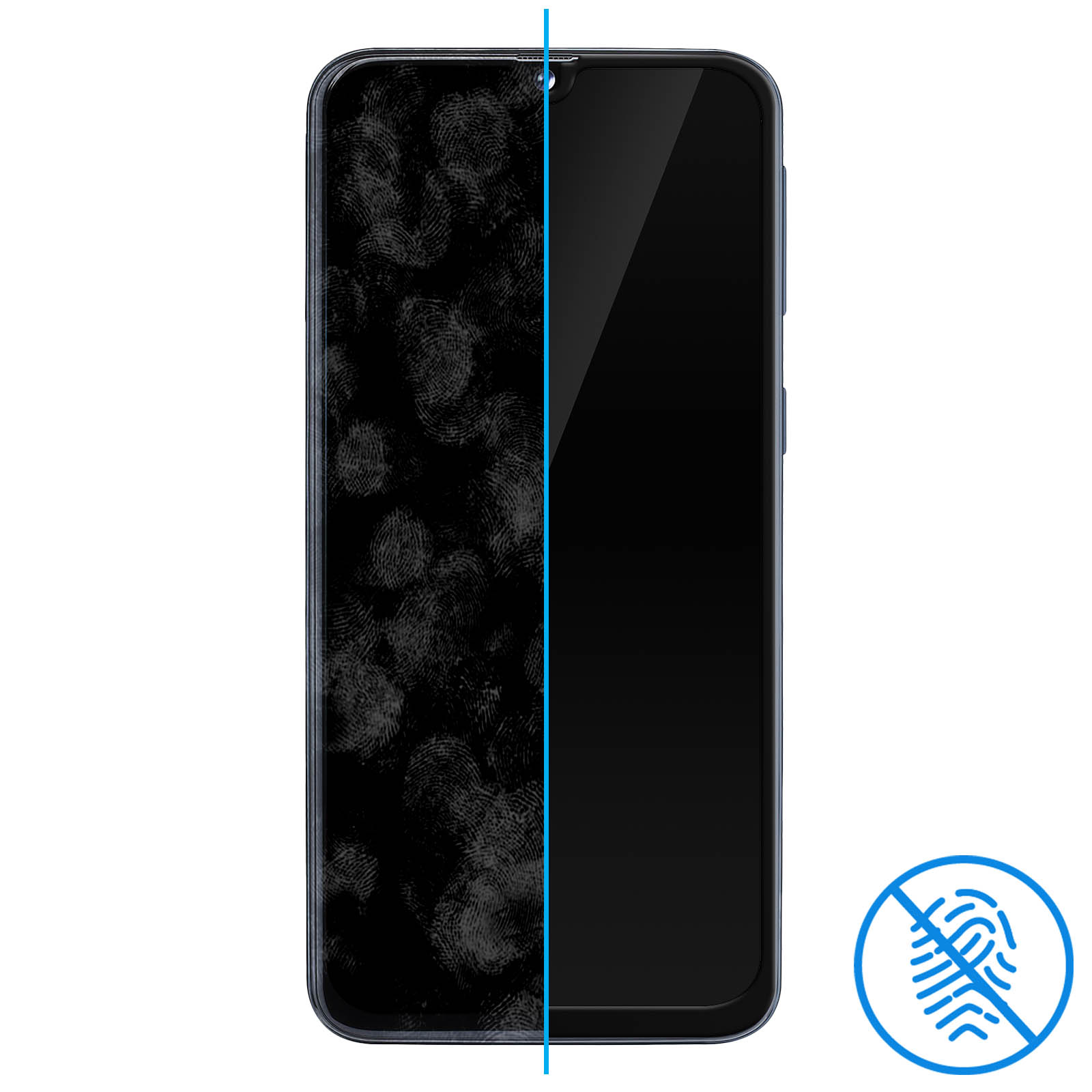 Schermo del telefono diviso. Un lato pulito, l'altro con impronte digitali, con un'icona di impronta digitale.