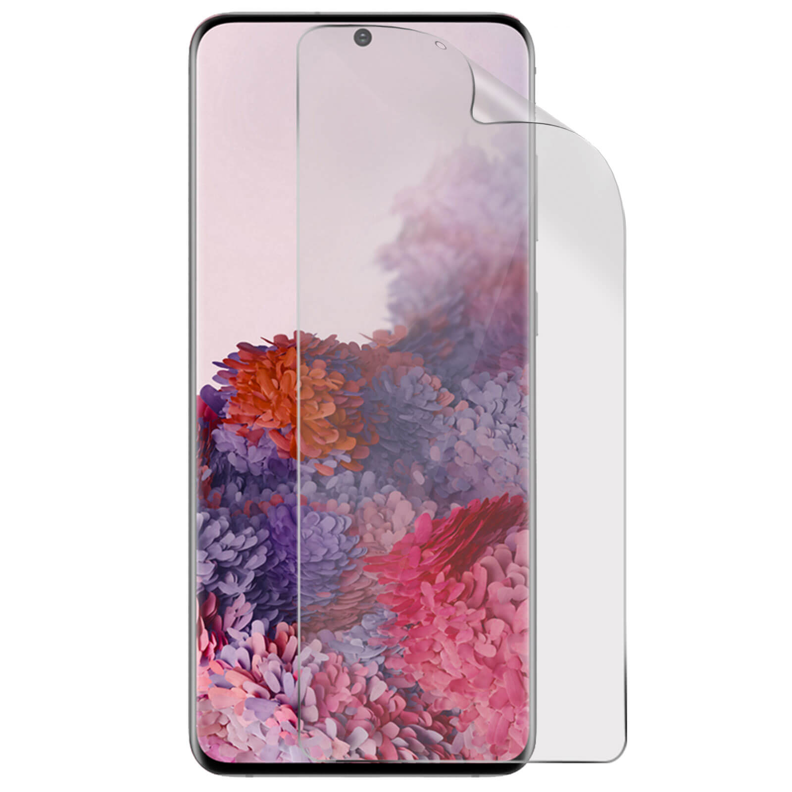 Uno smartphone con una protezione per lo schermo applicata. Lo schermo mostra un motivo floreale. La protezione si stacca.