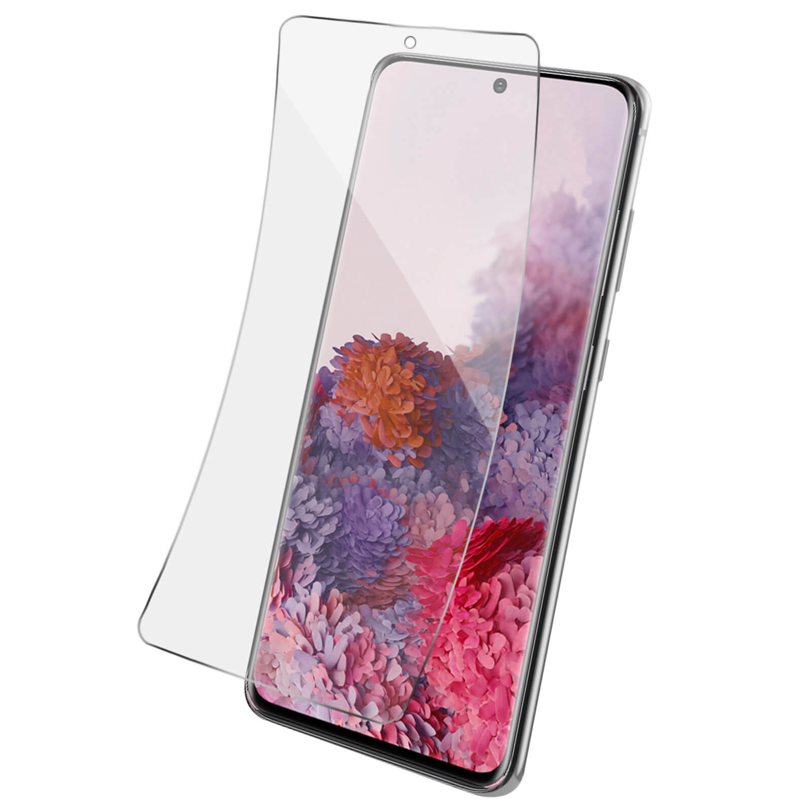 Uno smartphone con protezione schermo. Il telefono mostra uno sfondo floreale. La protezione è trasparente.