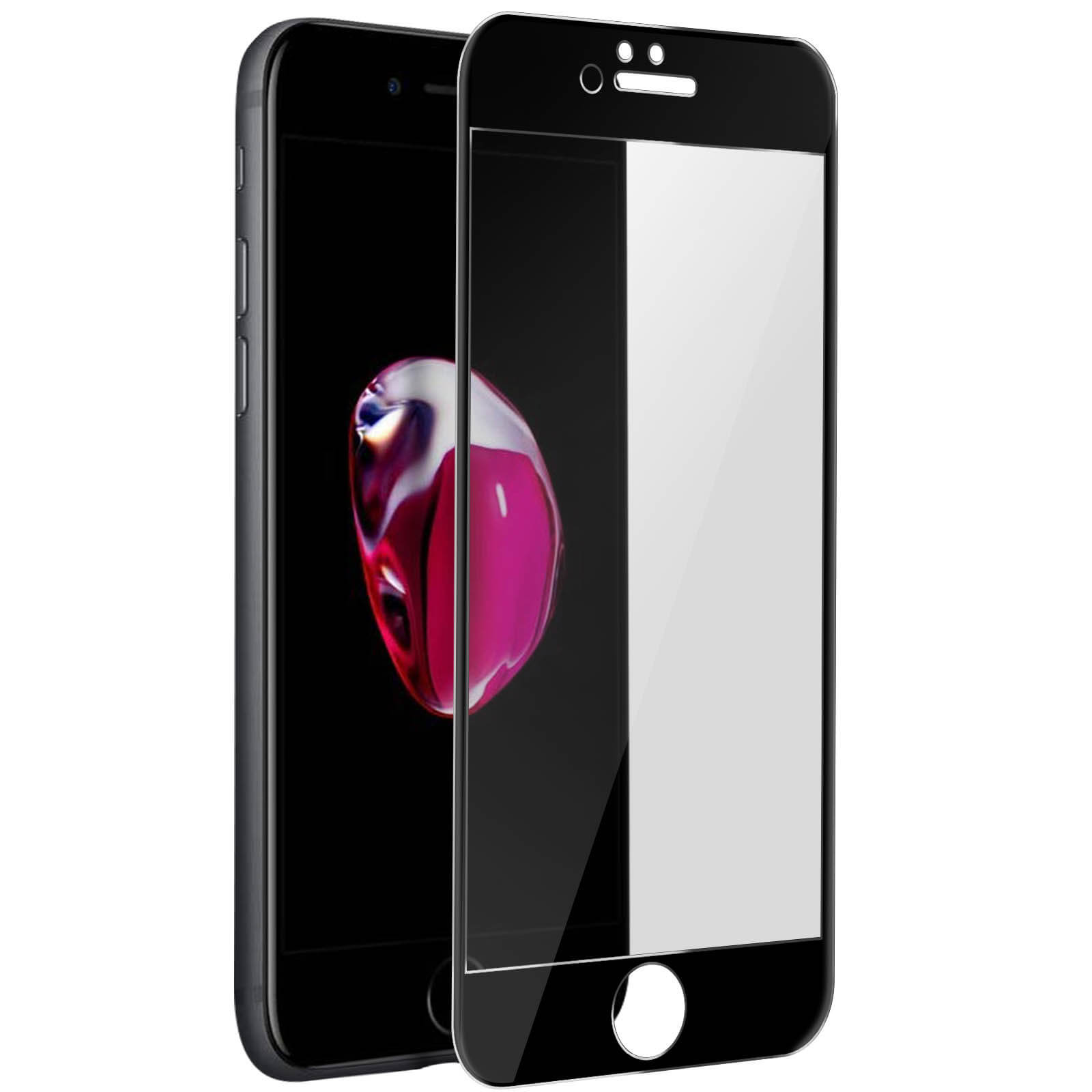 Un telefono con protezione schermo. Mostra un'immagine rosa. Sfondo bianco.