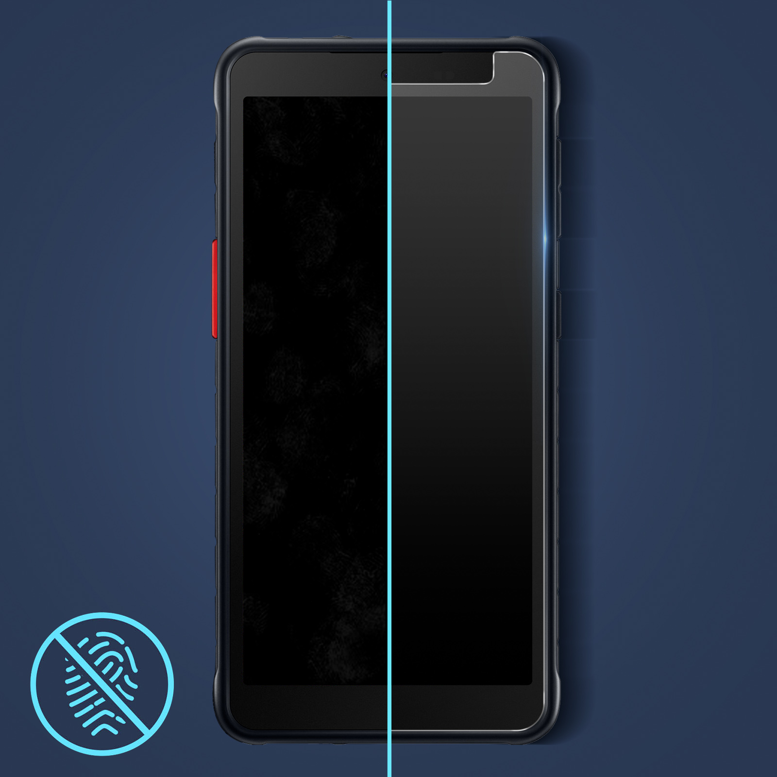 Un telefono con protezione schermo. Lo schermo presenta impronte digitali e un simbolo di assenza di impronte.