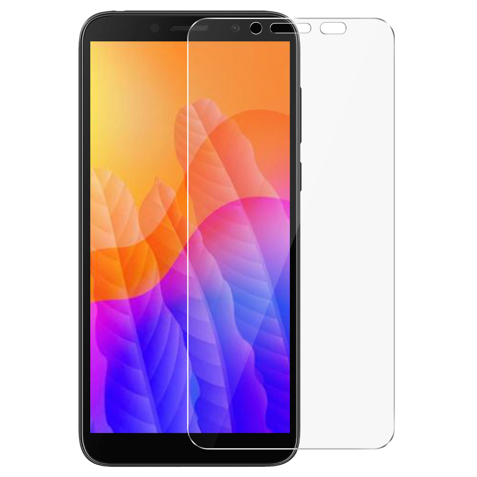 Telefono nero con protezione schermo. Lo schermo mostra colori arancioni e viola.