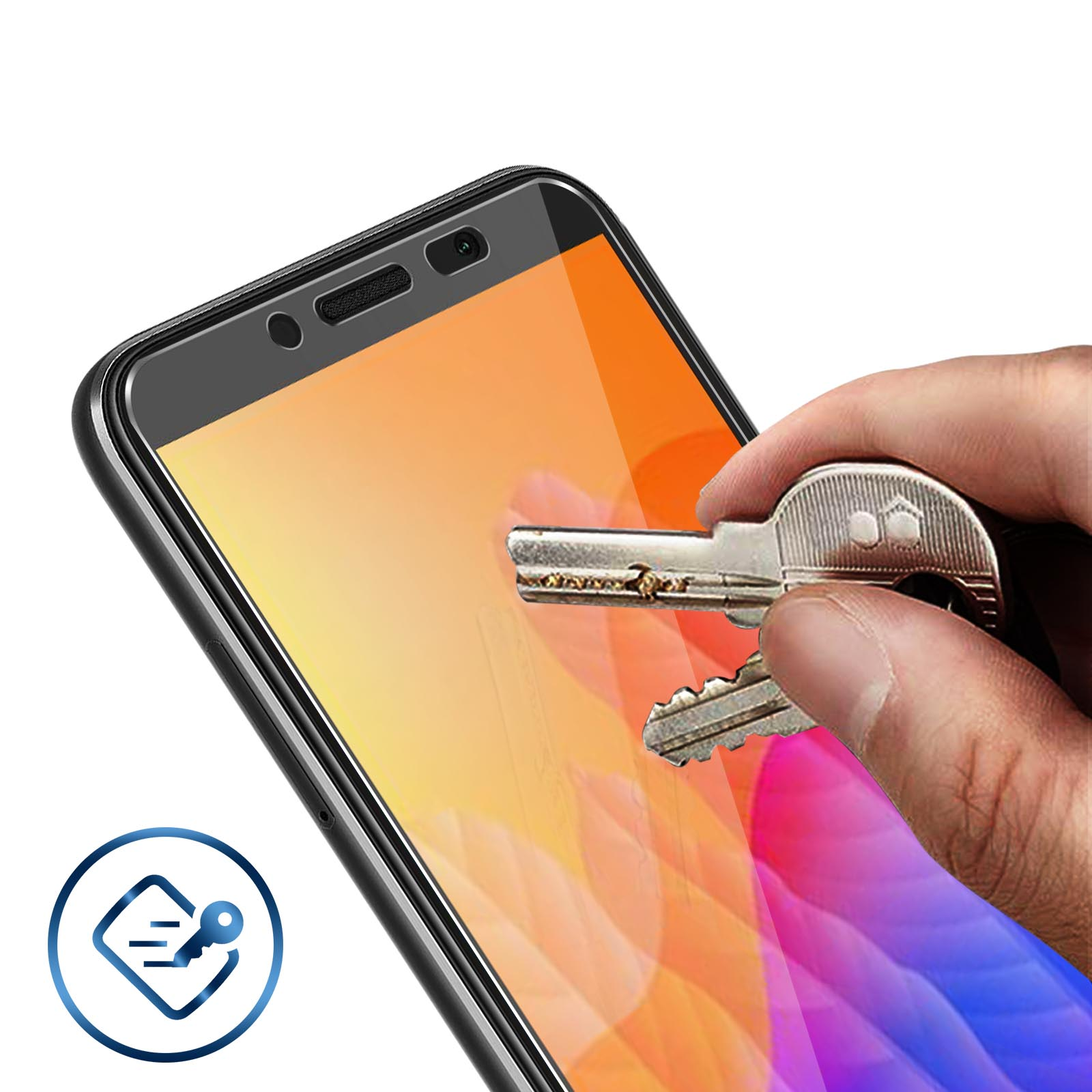 Mano che posiziona chiavi su uno schermo del telefono con protezione applicata.