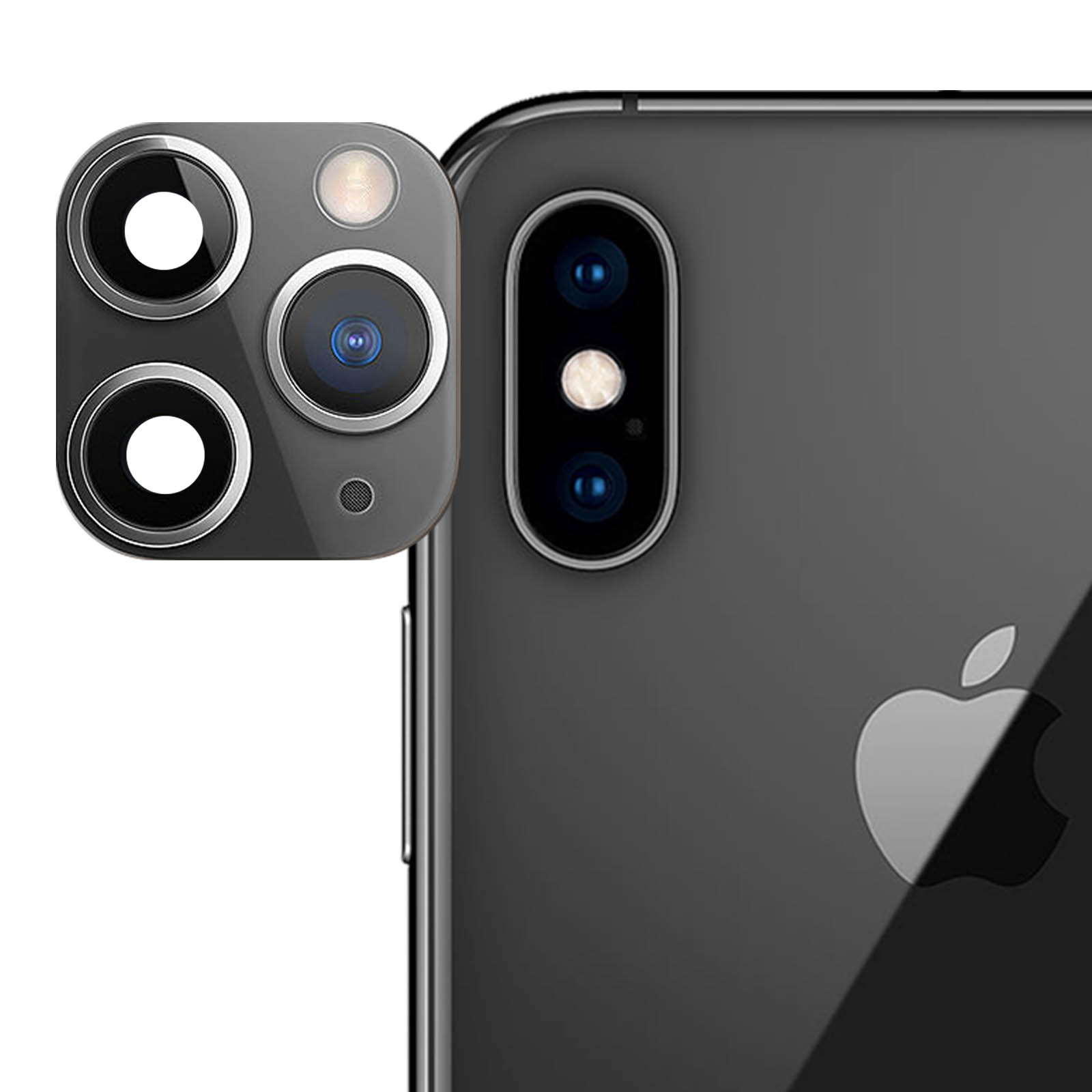 Primo piano del retro di un telefono con il suo modulo fotocamera. Il modulo ha tre lenti. Il telefono ha un logo Apple.