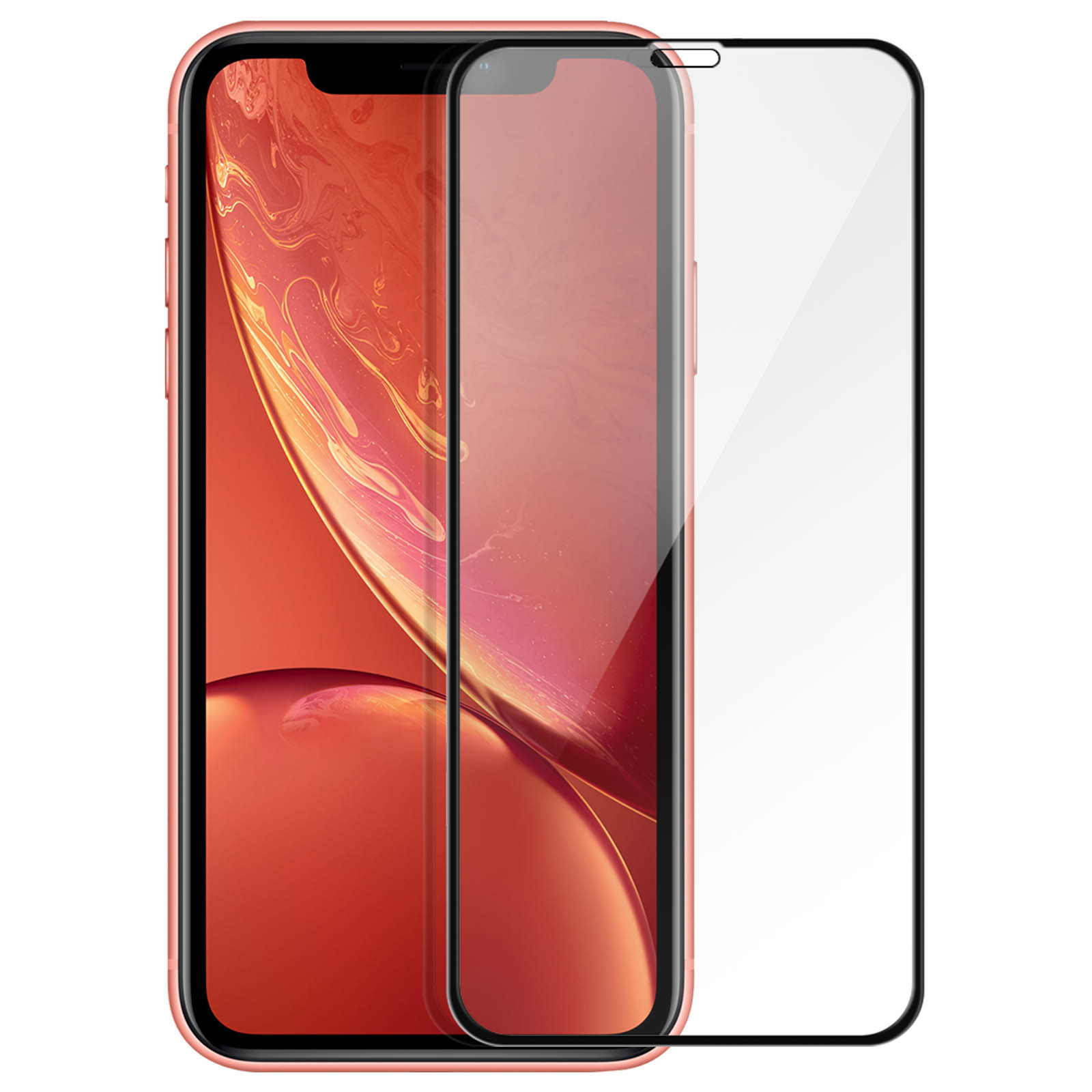 Telefono rosa con protezione schermo. Schermo rosso visibile. La protezione copre lo schermo.