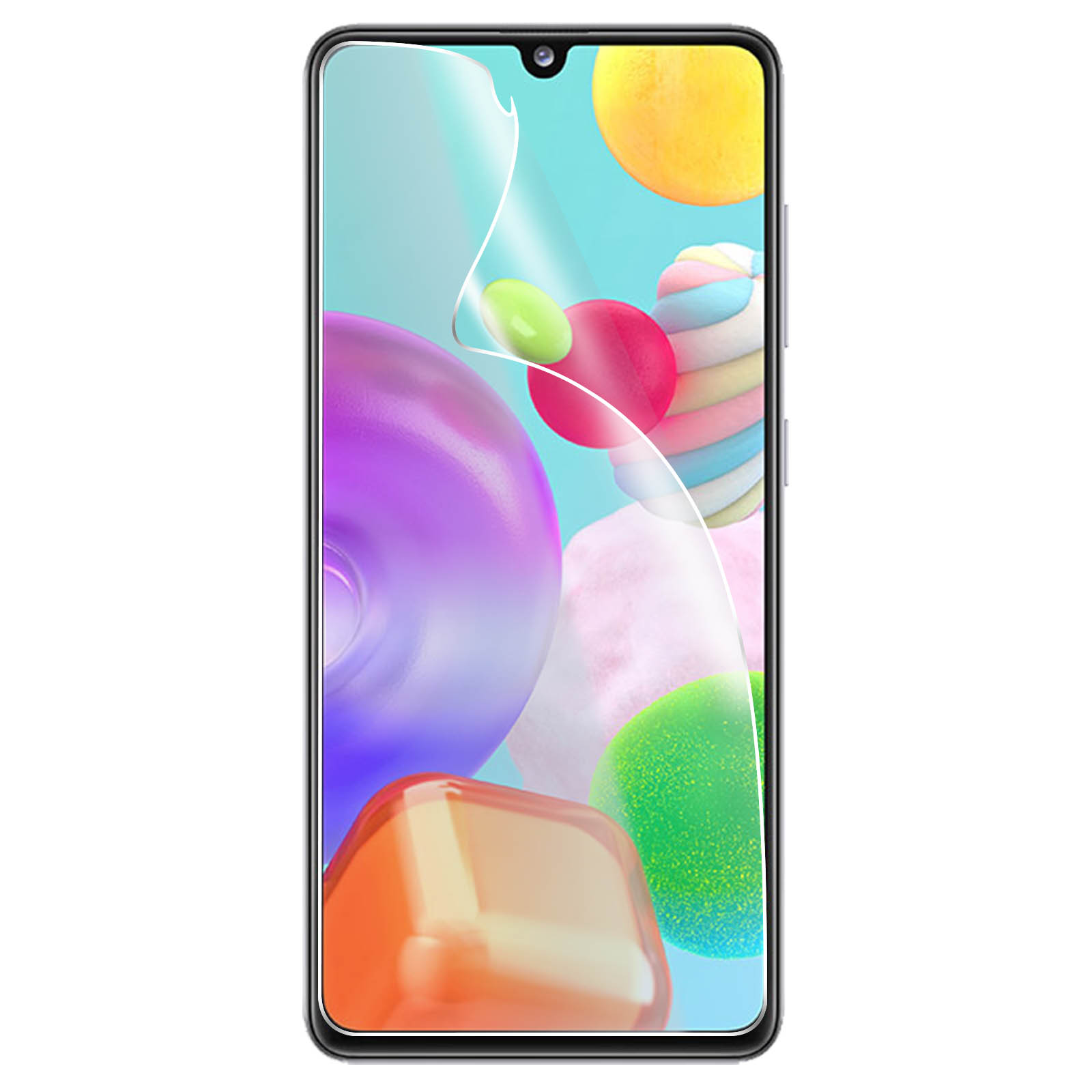 Uno smartphone con una protezione per lo schermo applicata. Lo schermo mostra forme astratte colorate: viola, verde, rosso e giallo.