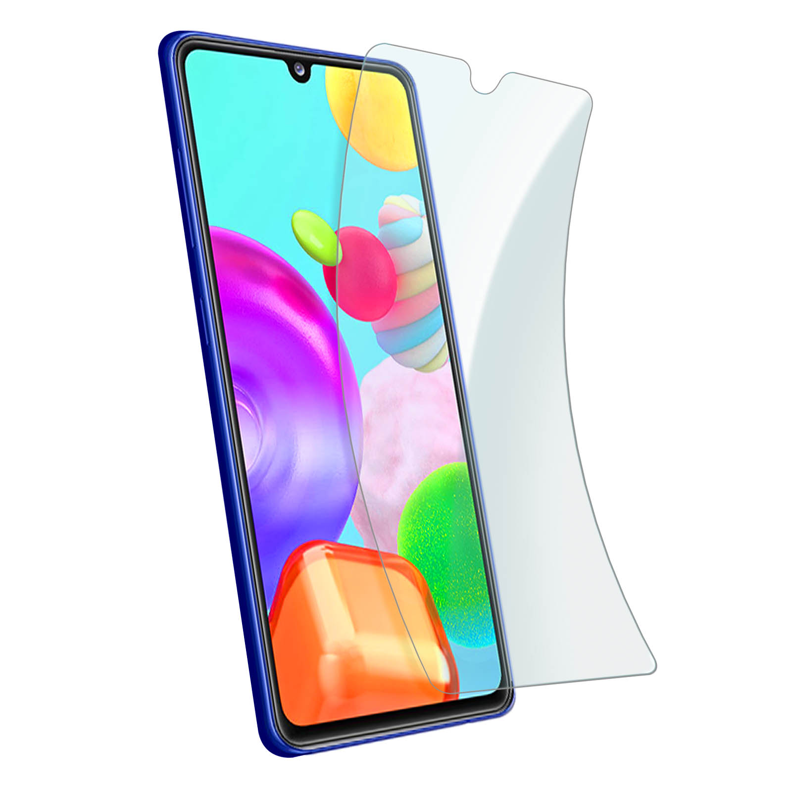 Uno smartphone blu con protezione schermo è in mostra. Lo schermo mostra forme astratte colorate. Sfondo bianco.
