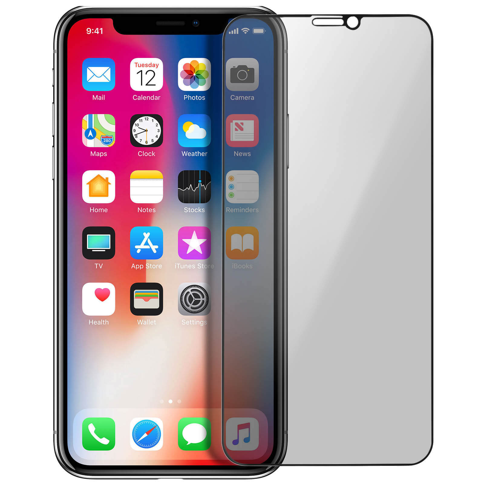 Telefono con protezione schermo che mostra le icone delle app. La protezione è trasparente. L'ora viene visualizzata.