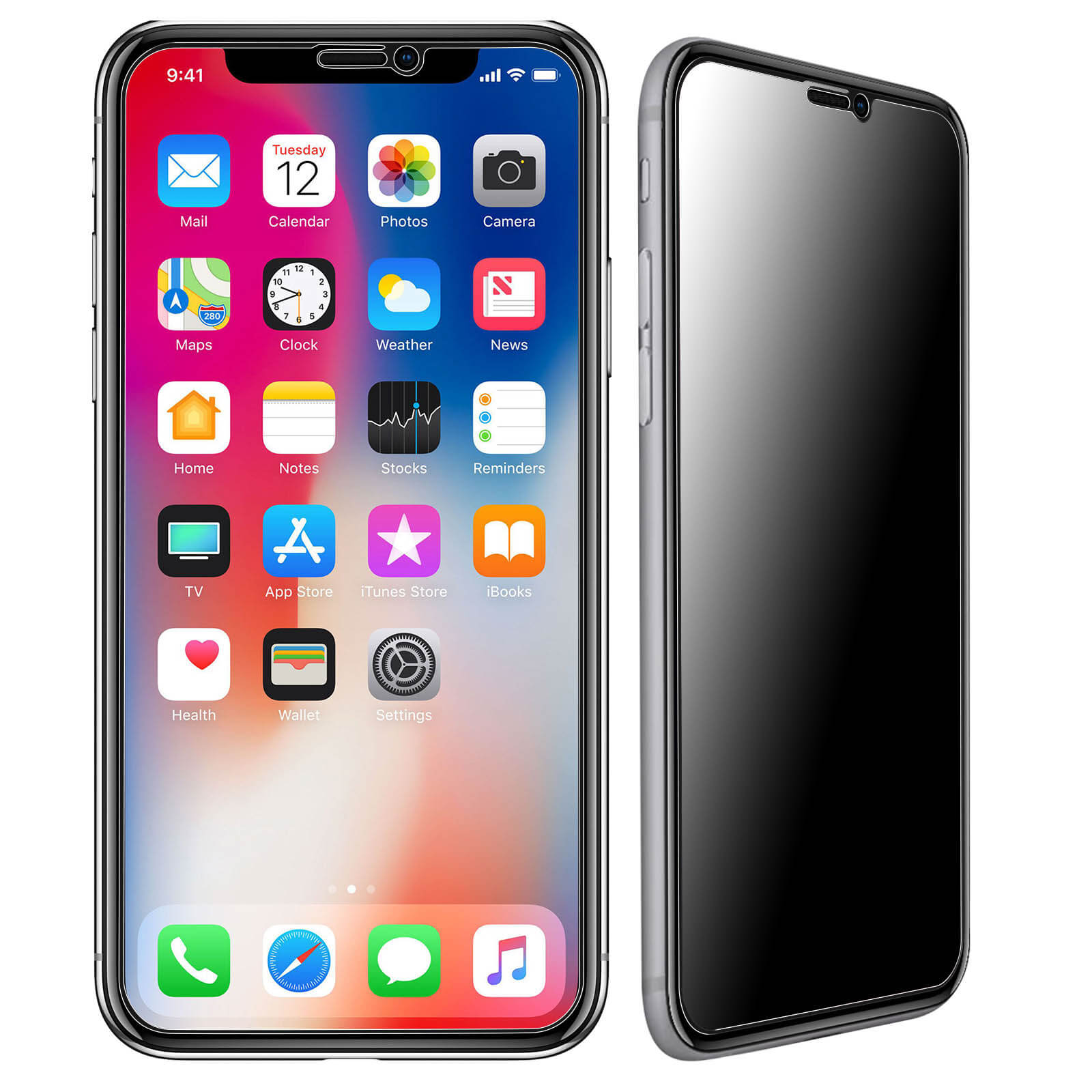 Un telefono con protezione schermo. Mostra app. Sfondo bianco, con vista laterale della protezione.