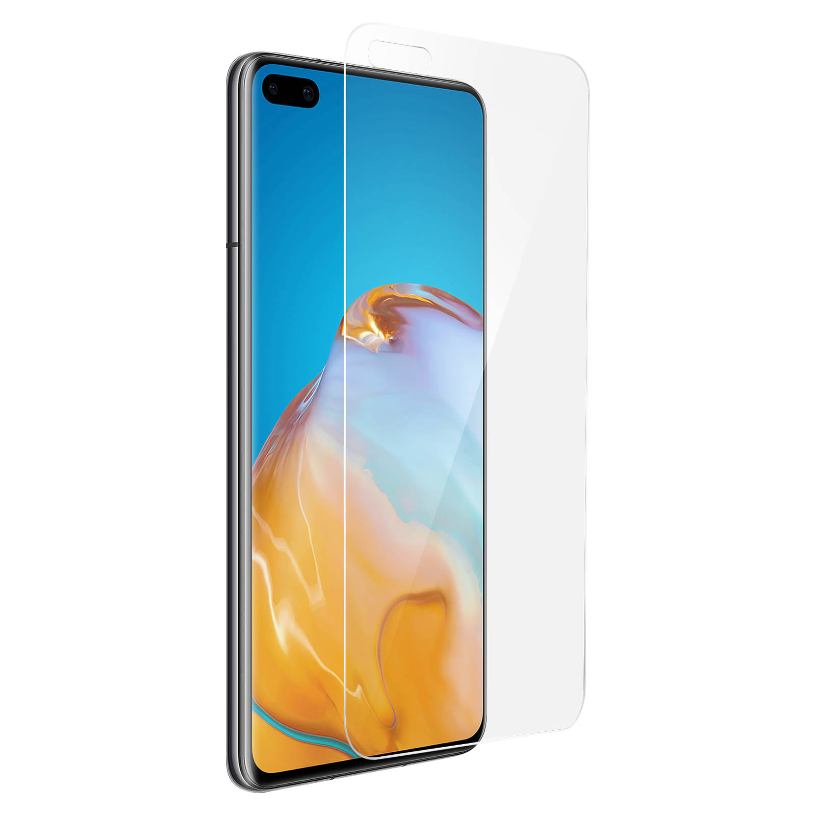 Telefono nero con protezione schermo. Lo schermo mostra un'immagine blu.