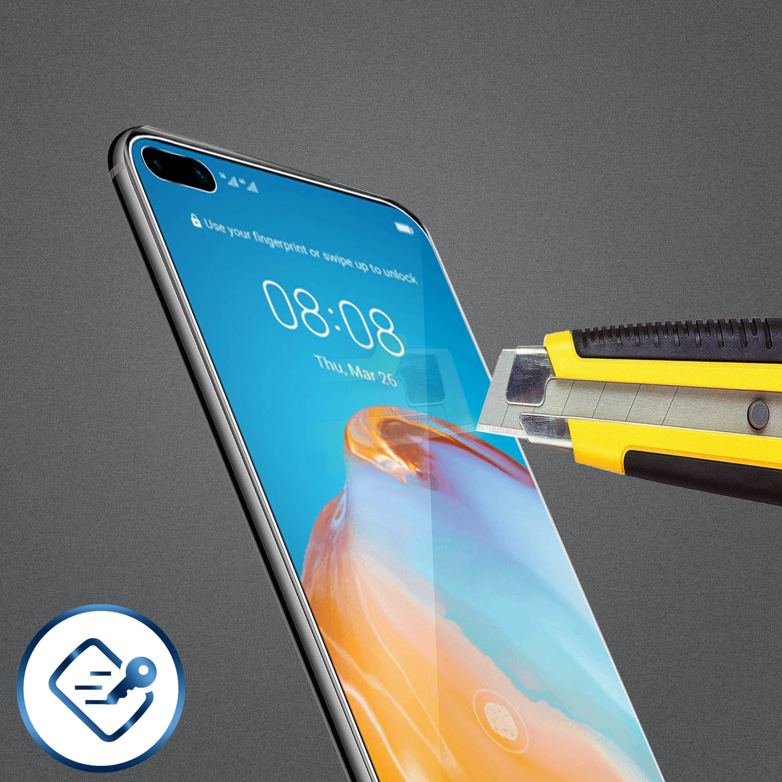 Proteggi schermo del telefono applicato con uno strumento di taglio.