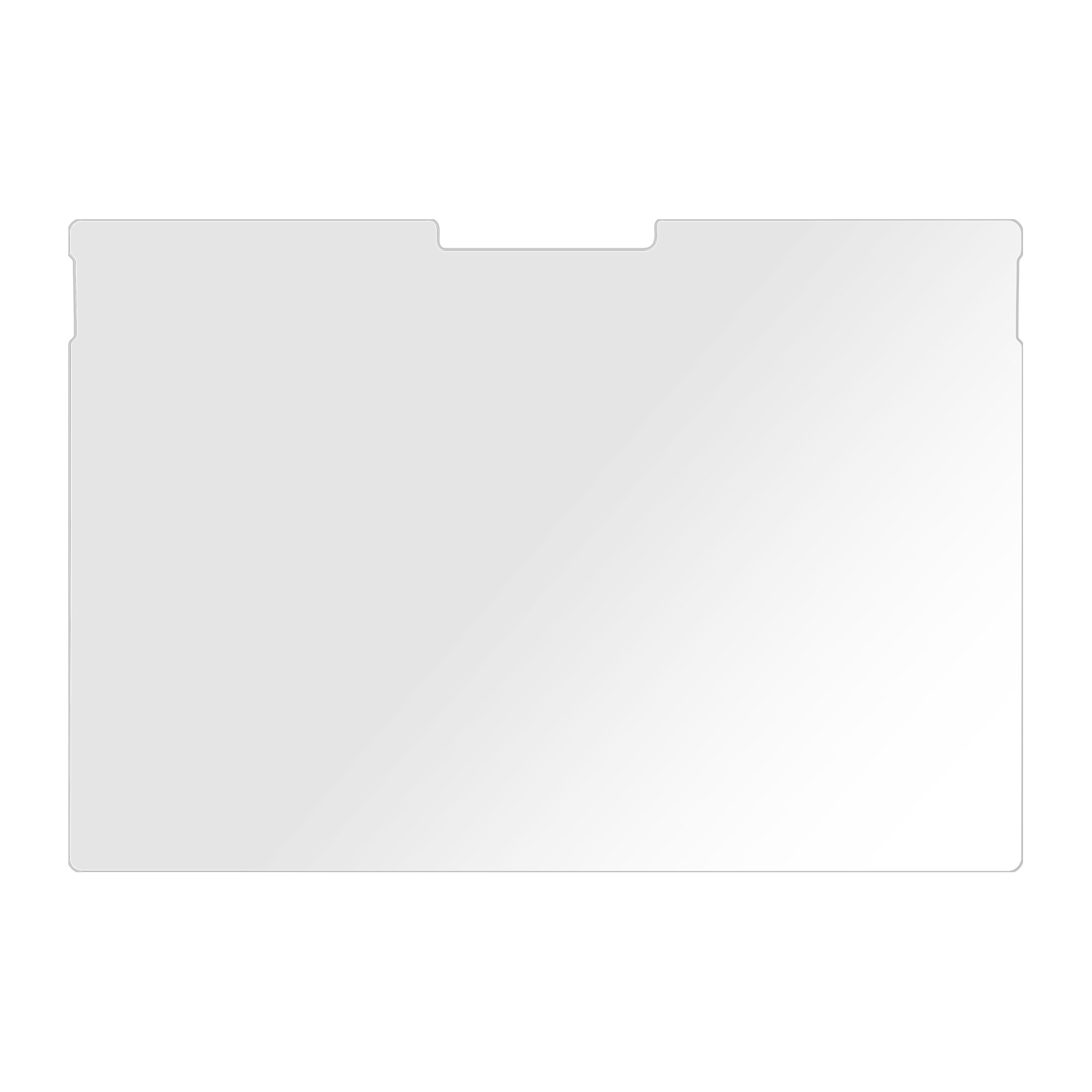 Un protector de pantalla rectangular transparente con una muesca en la parte superior. Tiene esquinas redondeadas y color gris claro.