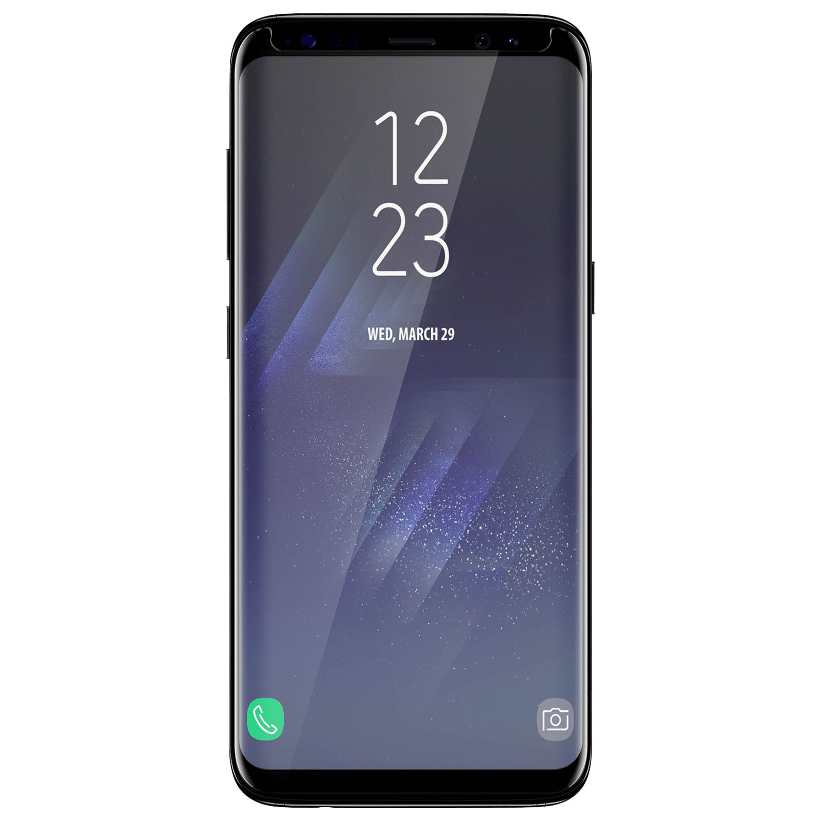 Telefono nero con protezione schermo che mostra data e ora. La protezione è trasparente.