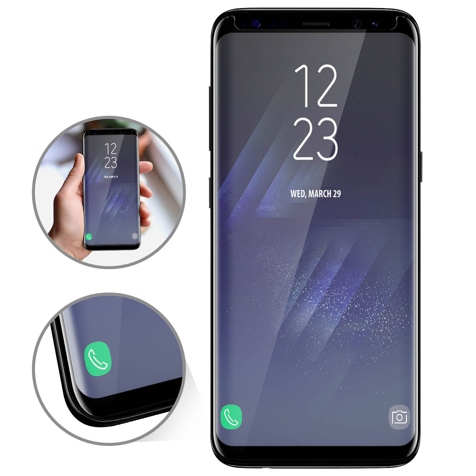 Telefono Samsung con protezione schermo, mostra ora e data, con due viste.