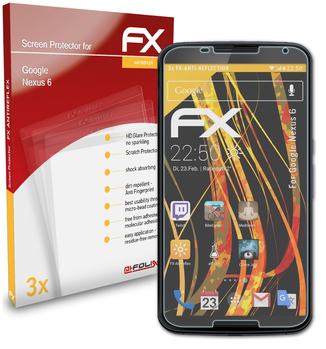 ATFOLIX Google Nexus 6) FX-Antireflex Displayschutz(für 3x