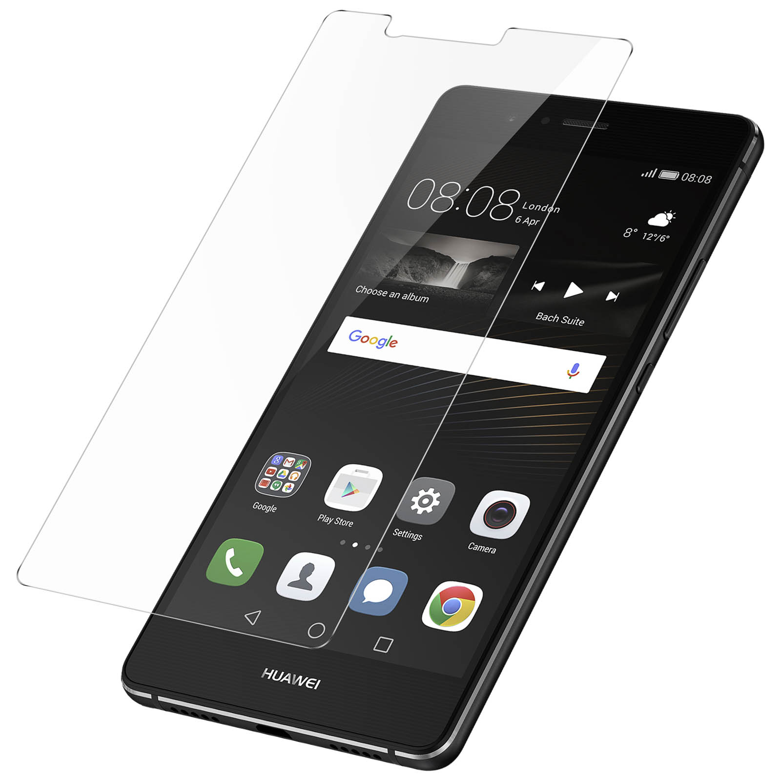 Un telefono Huawei nero con protezione schermo, che mostra icone di app e l'ora.