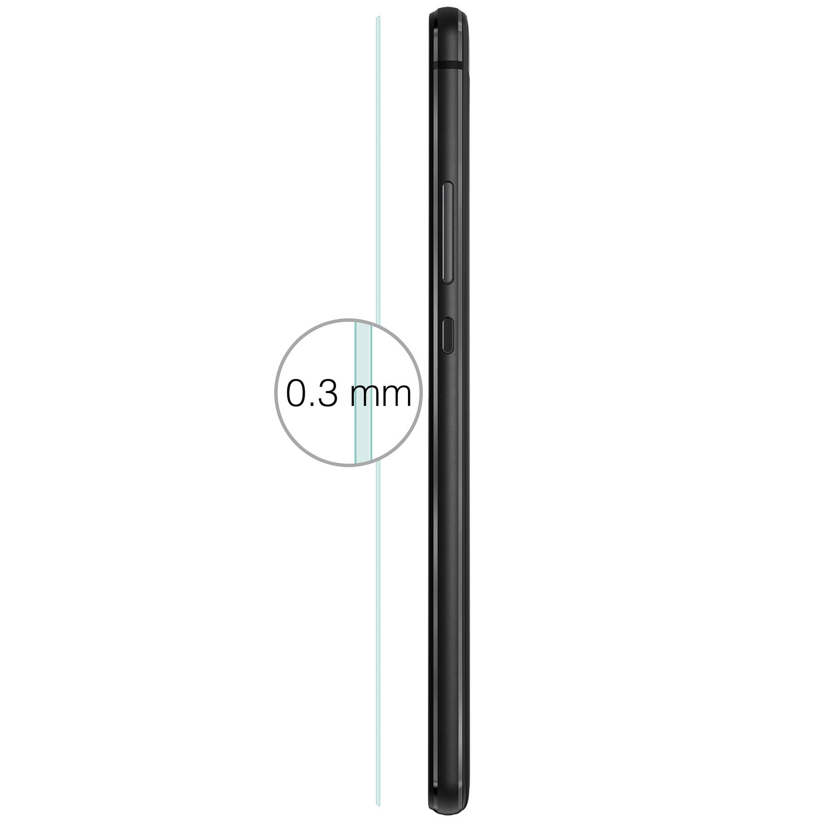 Vista laterale di un telefono nero con una linea sottile e trasparente accanto. Segnalazione 0,3 mm.
