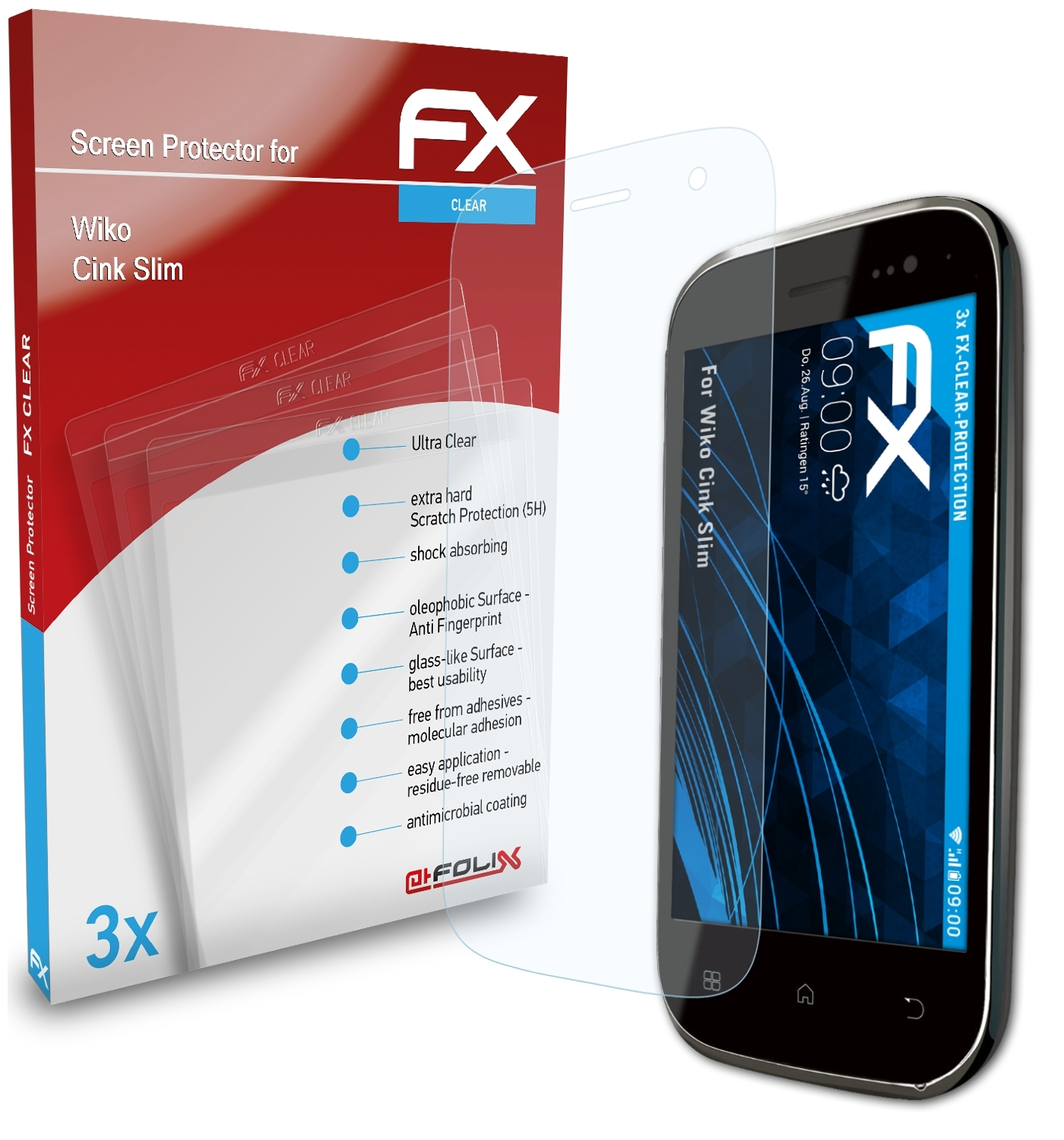 ATFOLIX 3x Cink Slim) Wiko FX-Clear Displayschutz(für