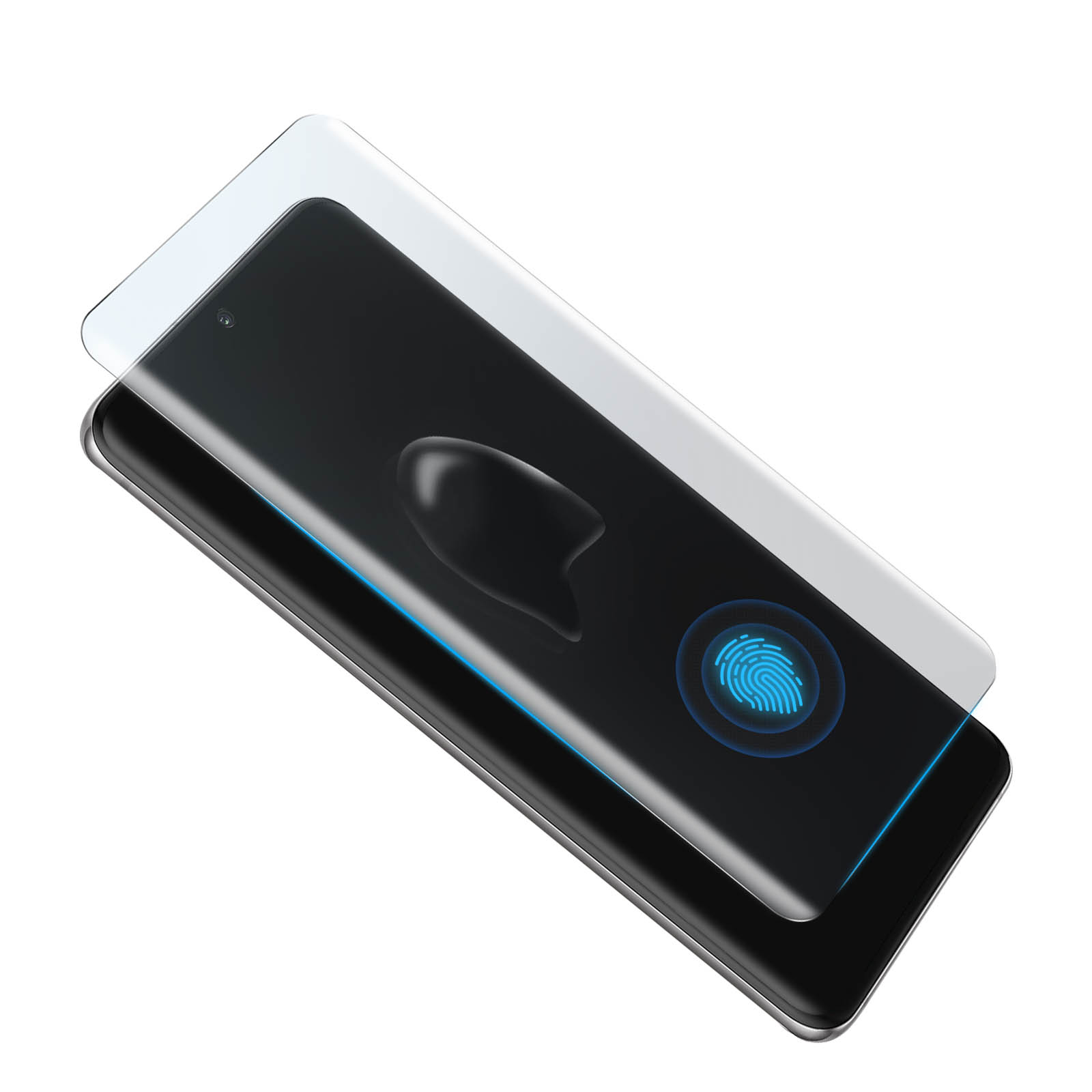 Smartphone con protezione schermo applicata e icona dell'impronta digitale.