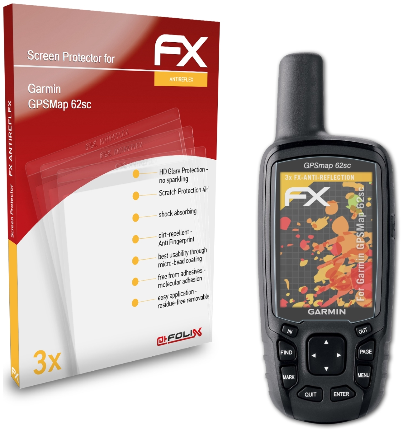 ATFOLIX 3x FX-Antireflex Displayschutz(für Garmin GPSMap 62sc)