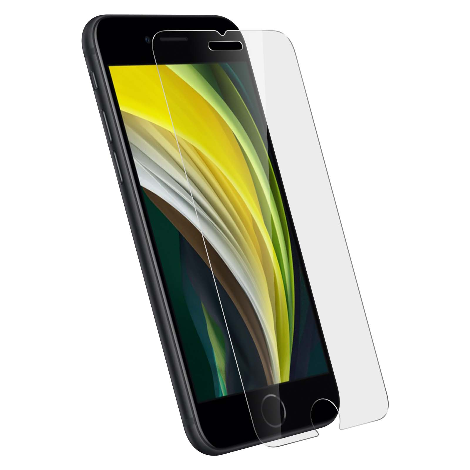 Smartphone nero con protezione schermo. Il telefono è angolato.