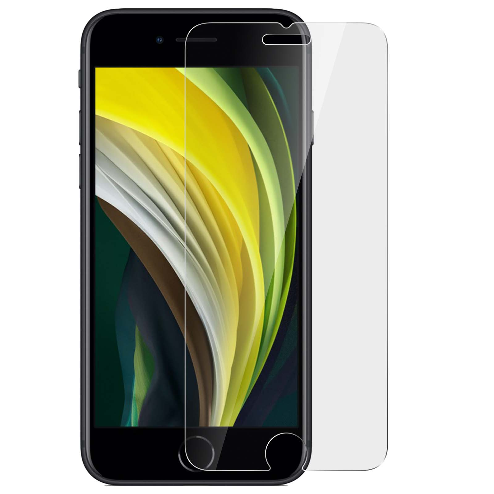 Un telefono nero con protezione schermo. Lo schermo mostra uno sfondo giallo e verde.