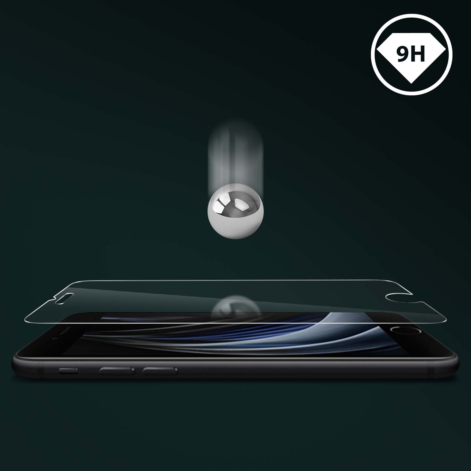 Un telefono con una protezione schermo. Una palla sta cadendo verso il telefono. Un logo 9H nell'angolo.