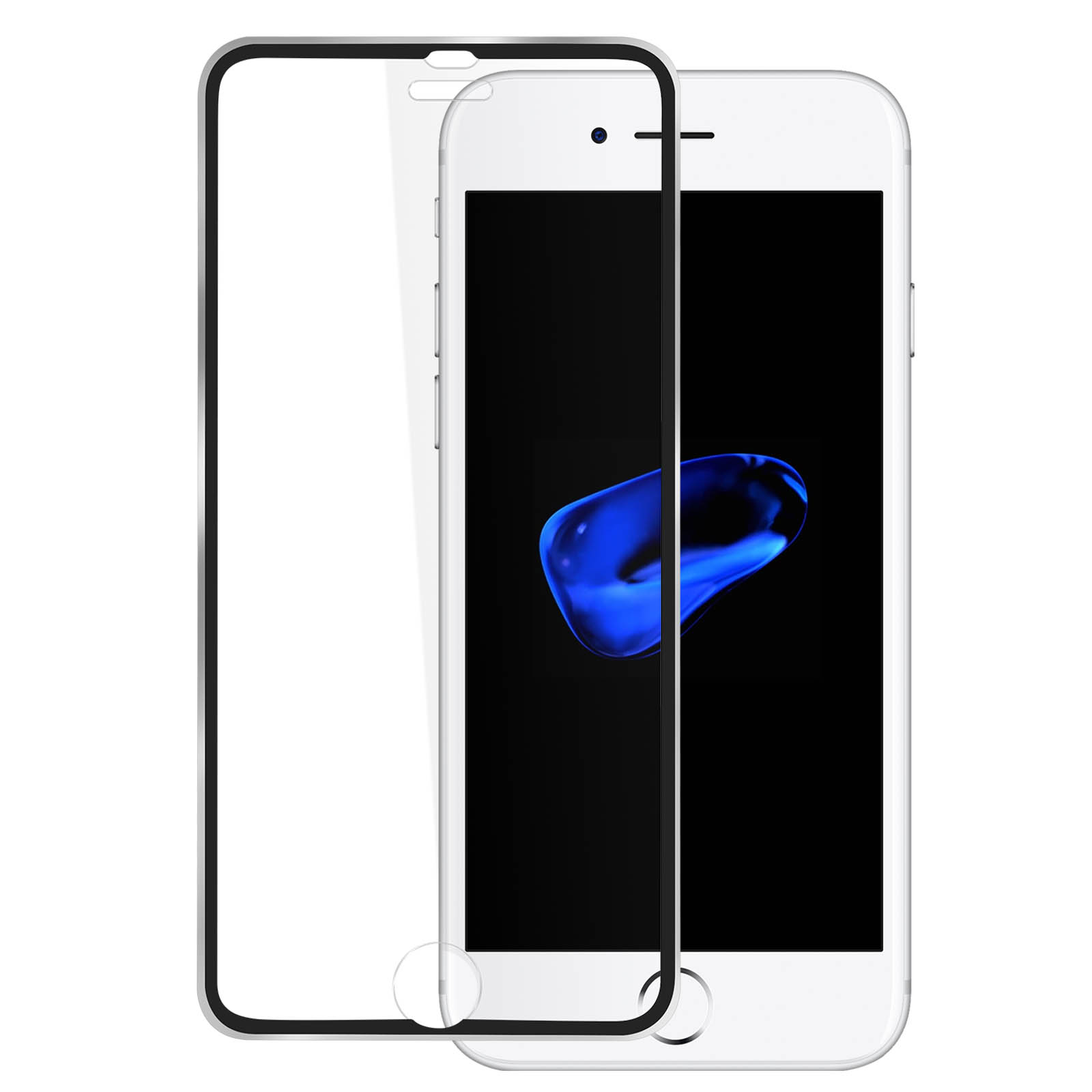 Telefono bianco con protezione schermo. Schermo nero visibile. La protezione copre lo schermo.
