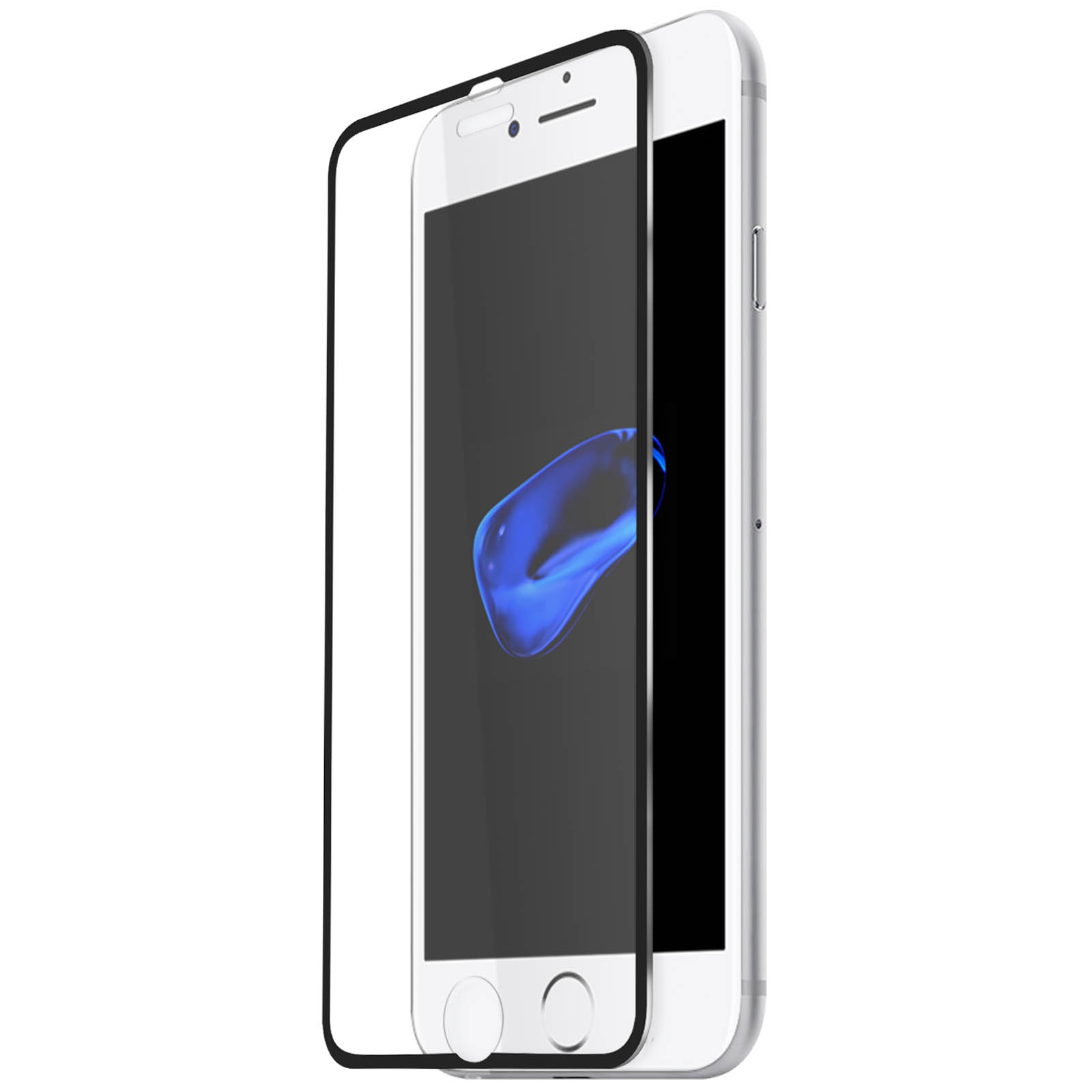 Un telefono con protezione schermo. Mostra un design. Lo sfondo è bianco.