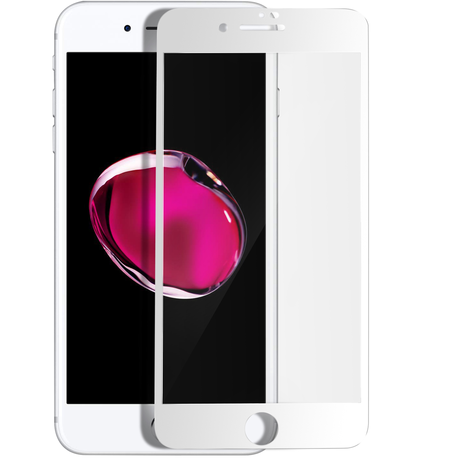 Witte smartphone met schermbeschermer. Het scherm toont een roze, reflecterende vorm op zwarte achtergrond.